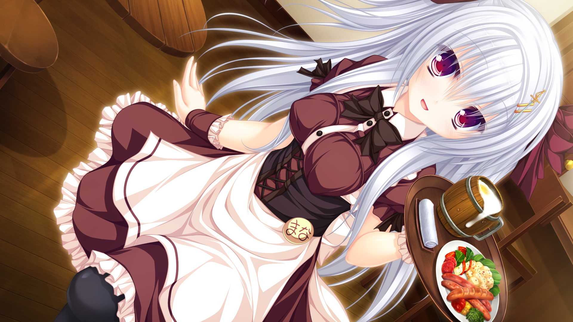 bow, 1080P, corset, red, mikagami, whirlpool, drink, mana, eyes, onose, waitress, food, hair, gray, mamizu, game, nasty, long, ribbons, justy, HD Wallpaper