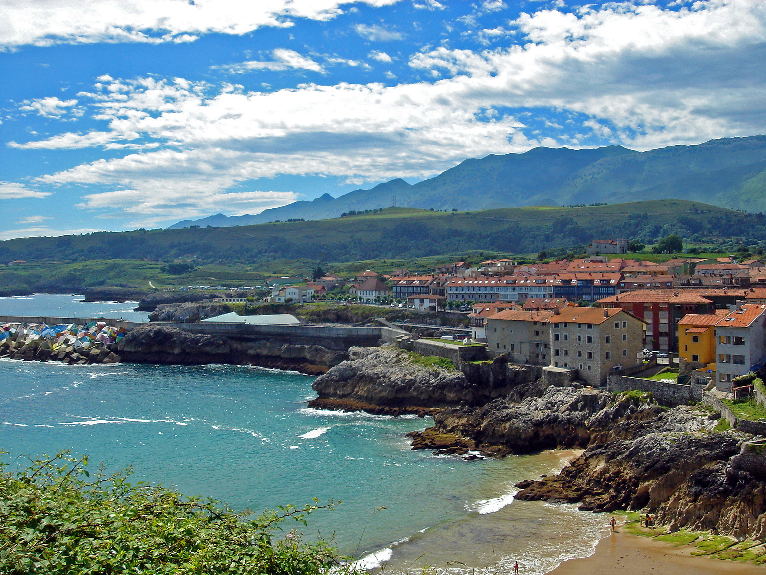 llanes, architecture, building, sea, mountain range, building exterior, sky, outdoors, built structure, cloud - sky, high angle view, scenics - nature, HD Wallpaper