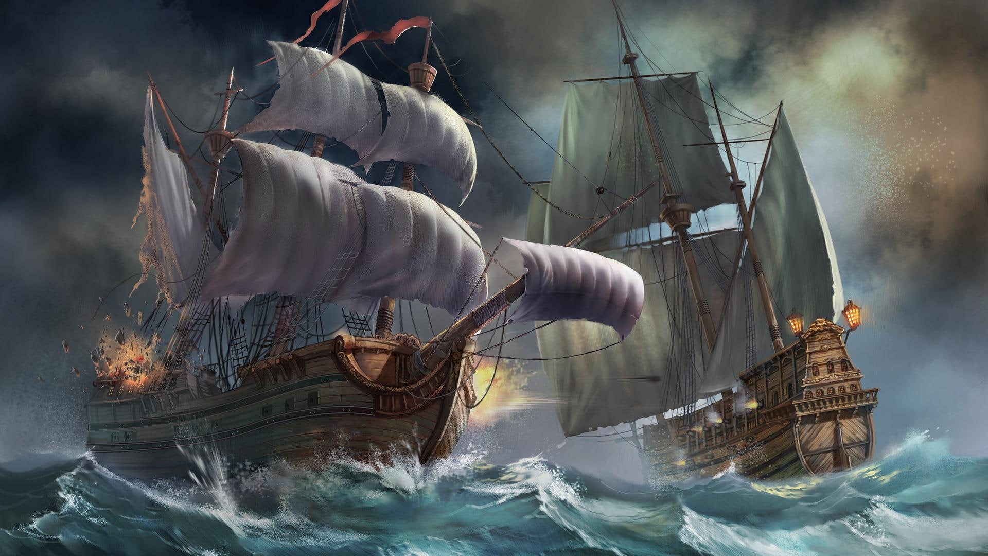 sail, sailing, boats, 1080P, ships, rough, ocean, HD Wallpaper