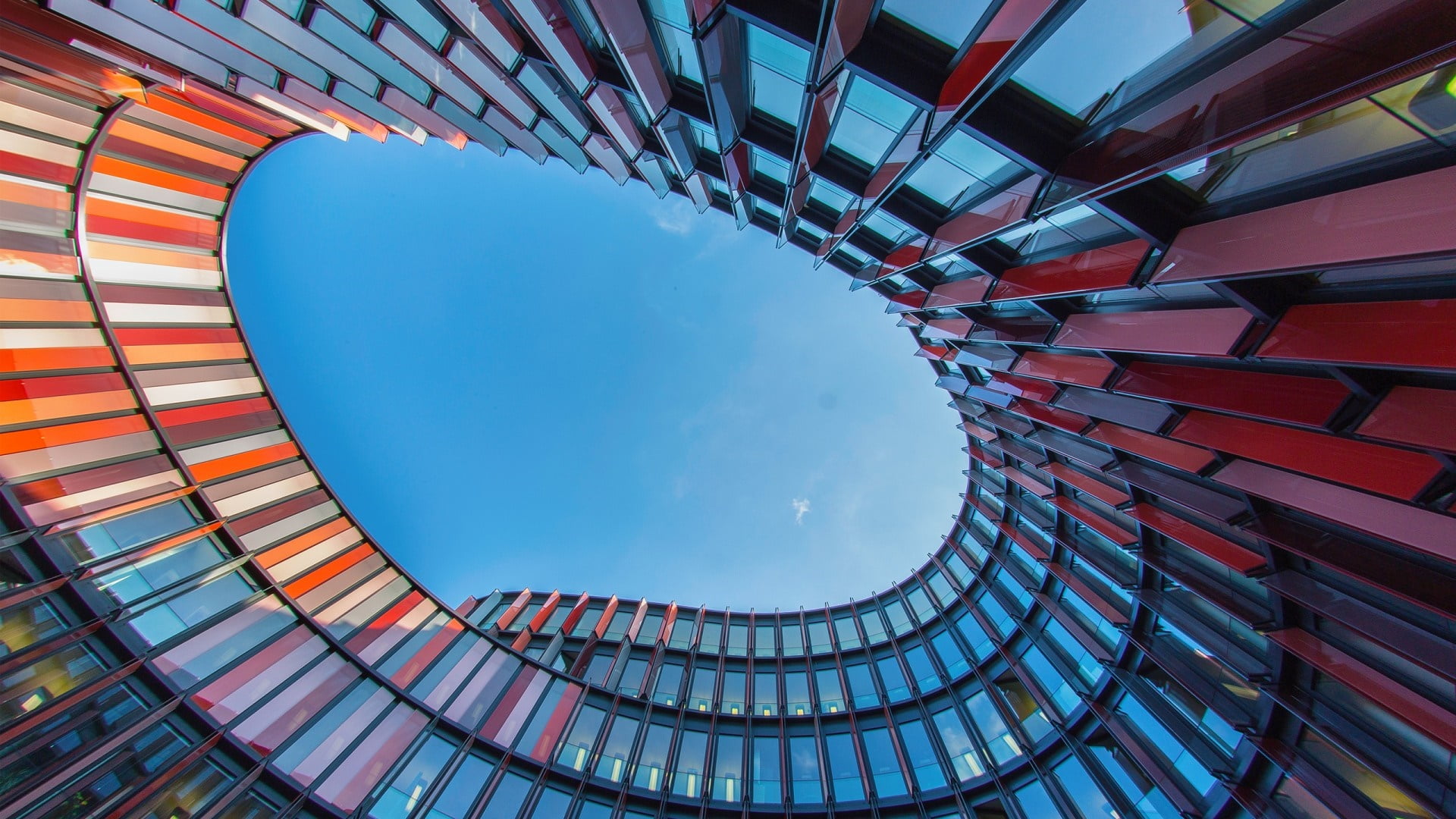 multi colored, spiral, modern, building, directly below, daytime, geometric shape, city, nature, glass - material, outdoors, sky, structure, skyscraper, HD Wallpaper
