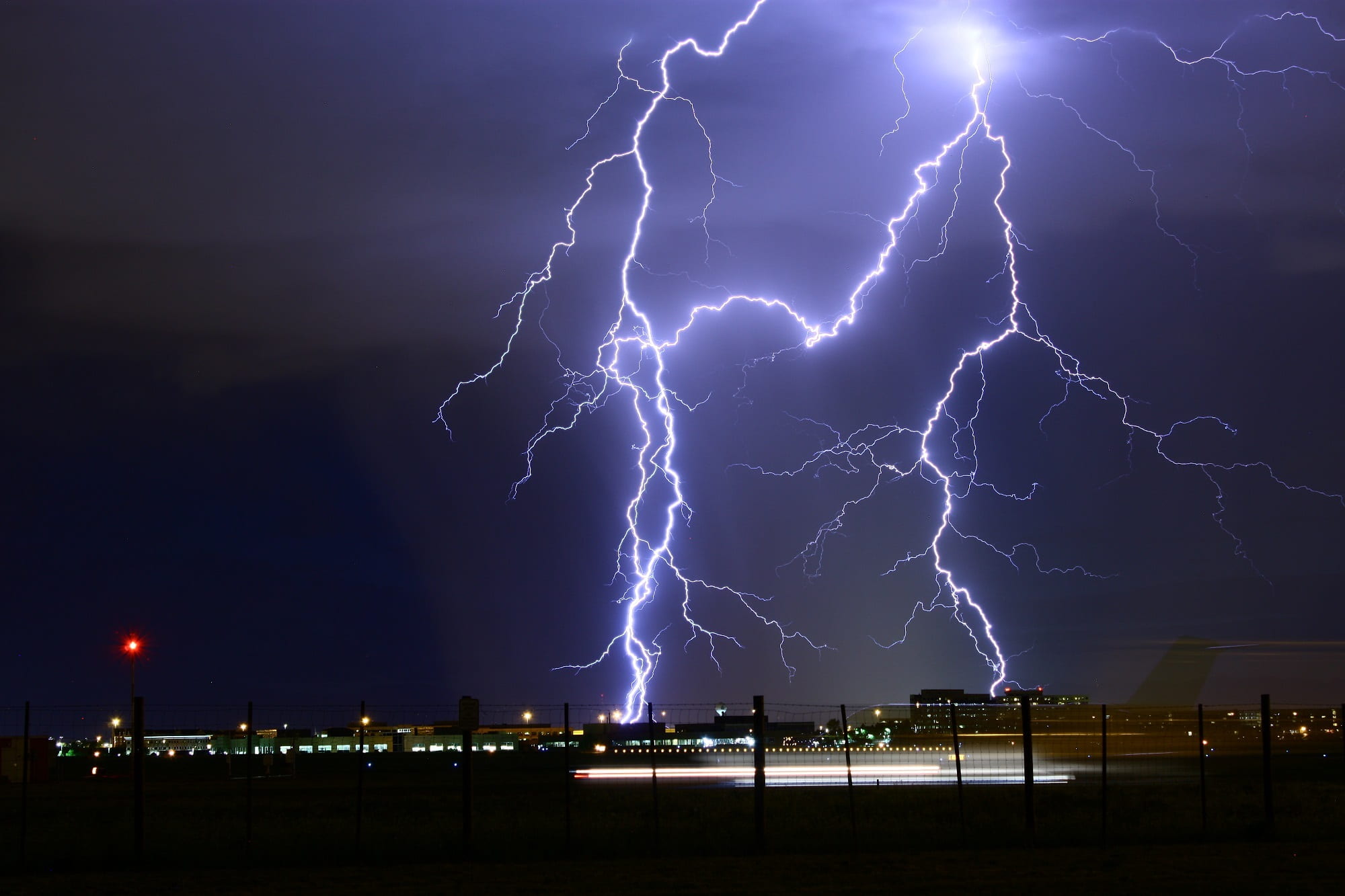 meteorology, power in nature, sky, weather, ominous, airport, night, storm cloud, forked lightning, nature, lightning, no people, environment, thunder, HD Wallpaper