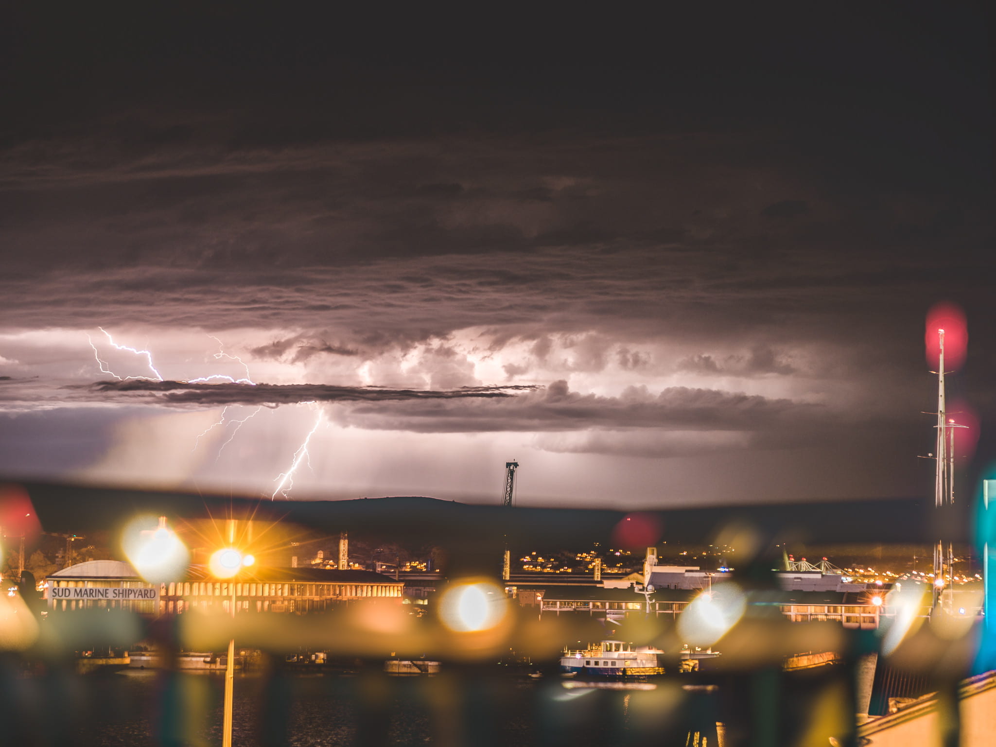 built structure, building exterior, cloud - sky, lightning, sky, gray, no people, nature, transportation, architecture, night, nighttime, lighting, high, HD Wallpaper