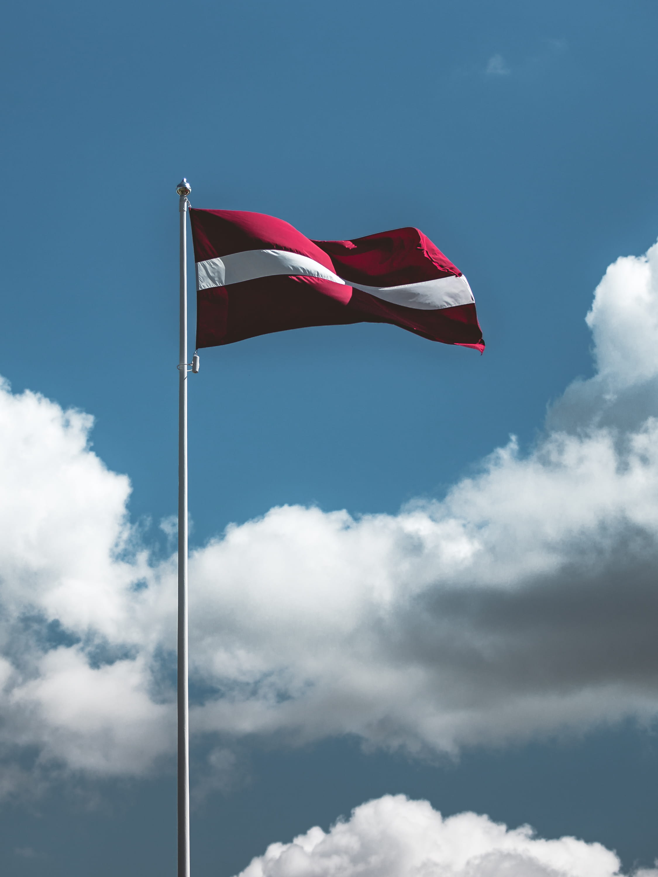 clouds, wind, independence, latvian flag, pole, nature, no people, adventure, white, latvian, patriotism, flag, latvia, blue, national icon, red, 2K, flags, Phone HD Wallpaper