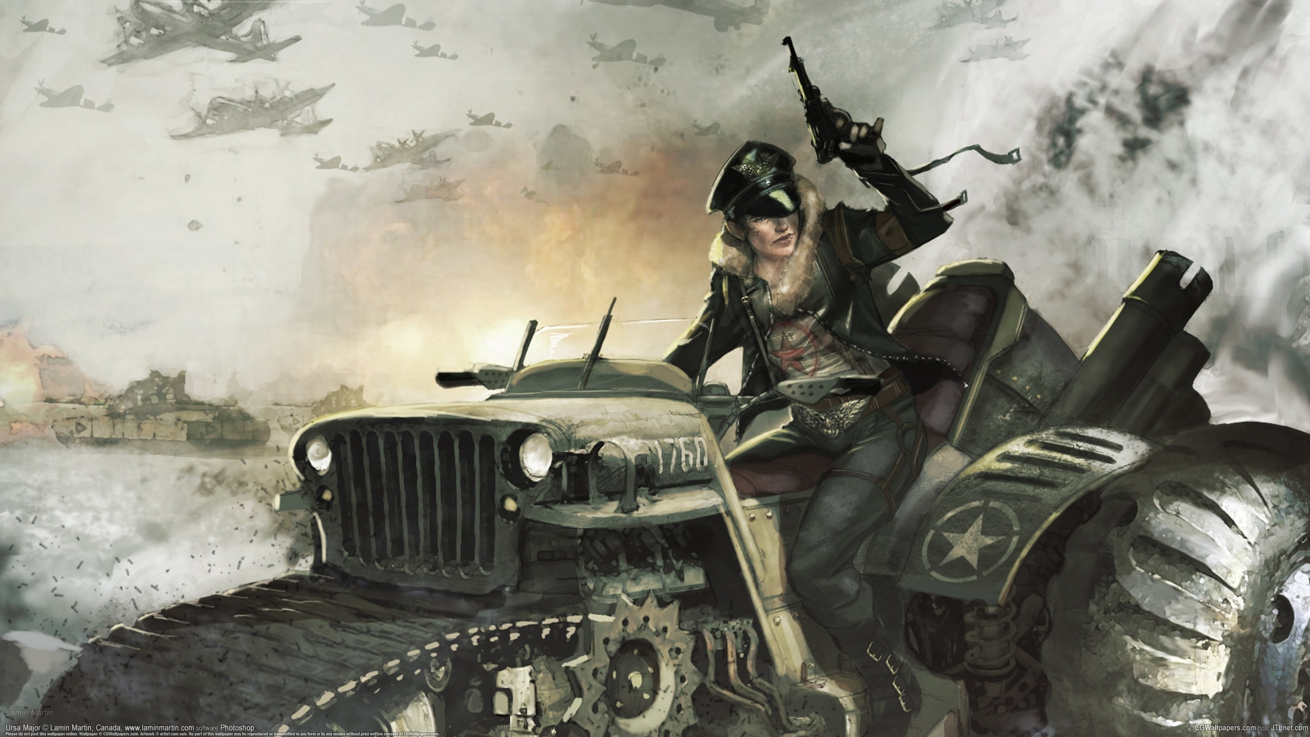 young adult, girl, aircraft, sitting, land vehicle, 2K, mode of transportation, women, tractor, weapon, beautiful woman, Lamin Martin, looking at camera, HD Wallpaper