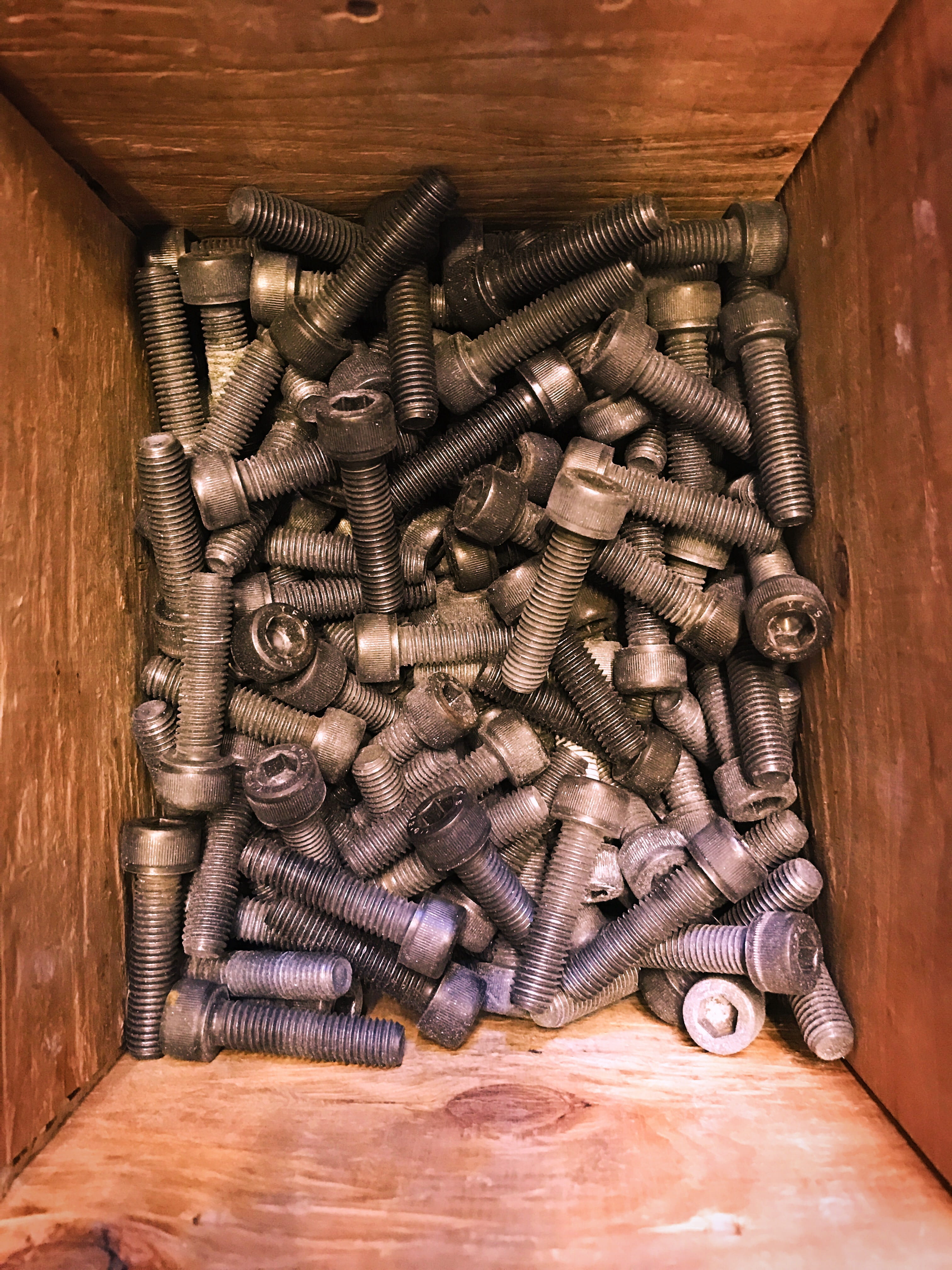 4K, iron, silver colored, work tool, container, nut - fastener, nut, directly above, table, texture, bolt, abundance, bellevue, indoors, no people, wood, Phone HD Wallpaper