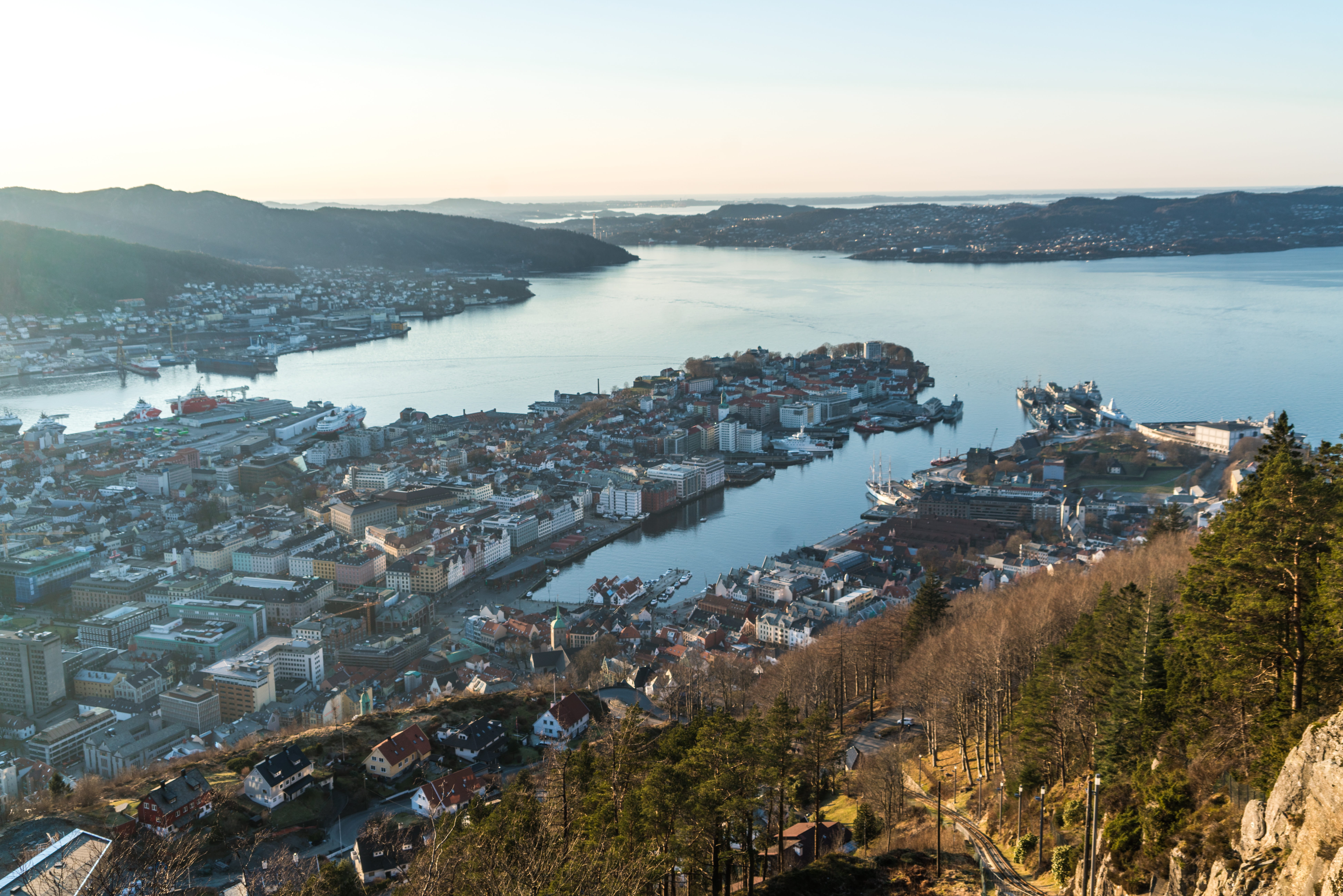 harbor, Bergen, noway, town, urban, travel destinations, dusk, architecture, Elevated, mountain, View, water, nature, outdoor, building exterior, city, HD Wallpaper