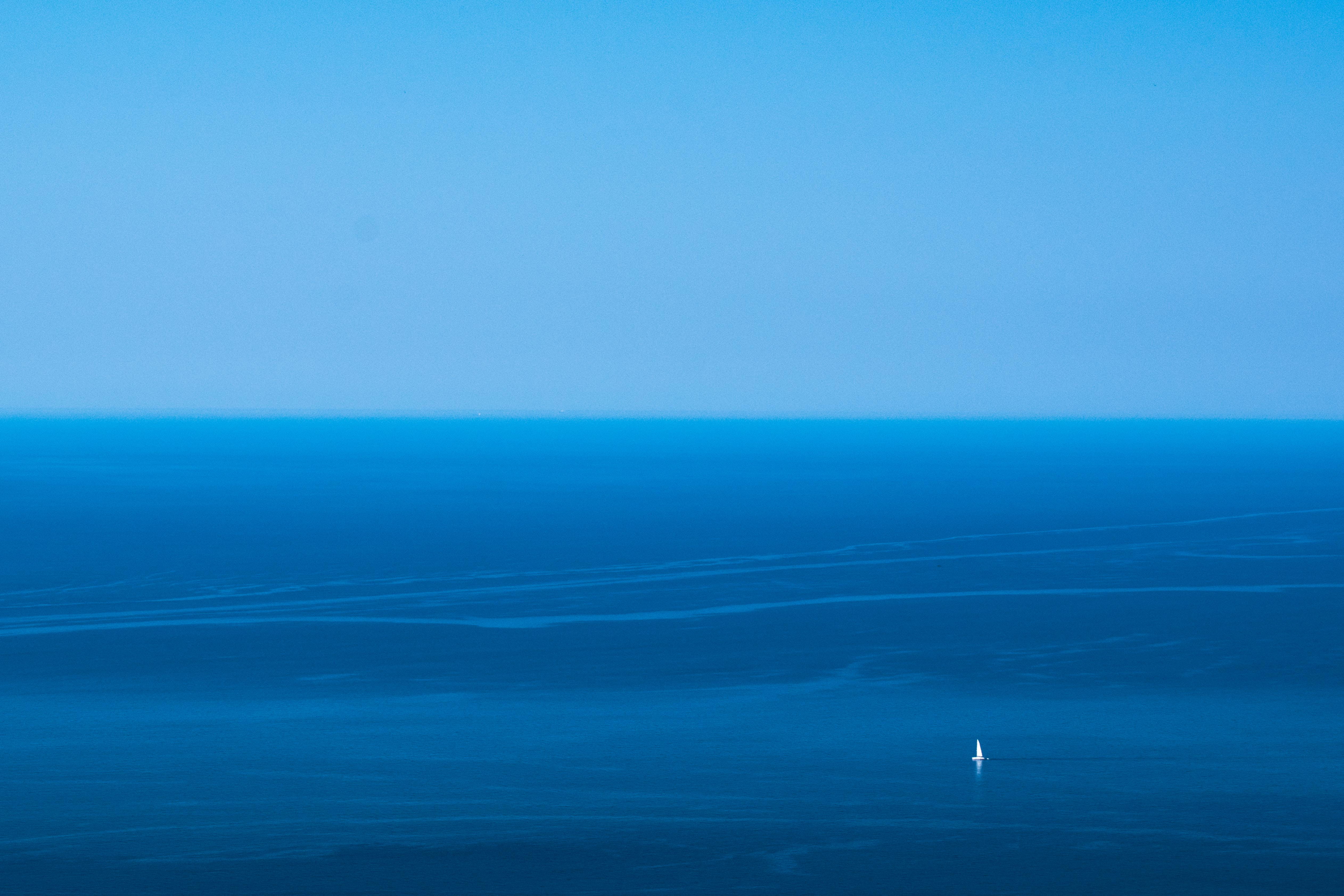 blue, eleochori, tranquility, colours, scenics - nature, horizon, lonelyness, nature, ship, minimal, sky, horizon over water, beauty in nature, 4K, quiet, HD Wallpaper