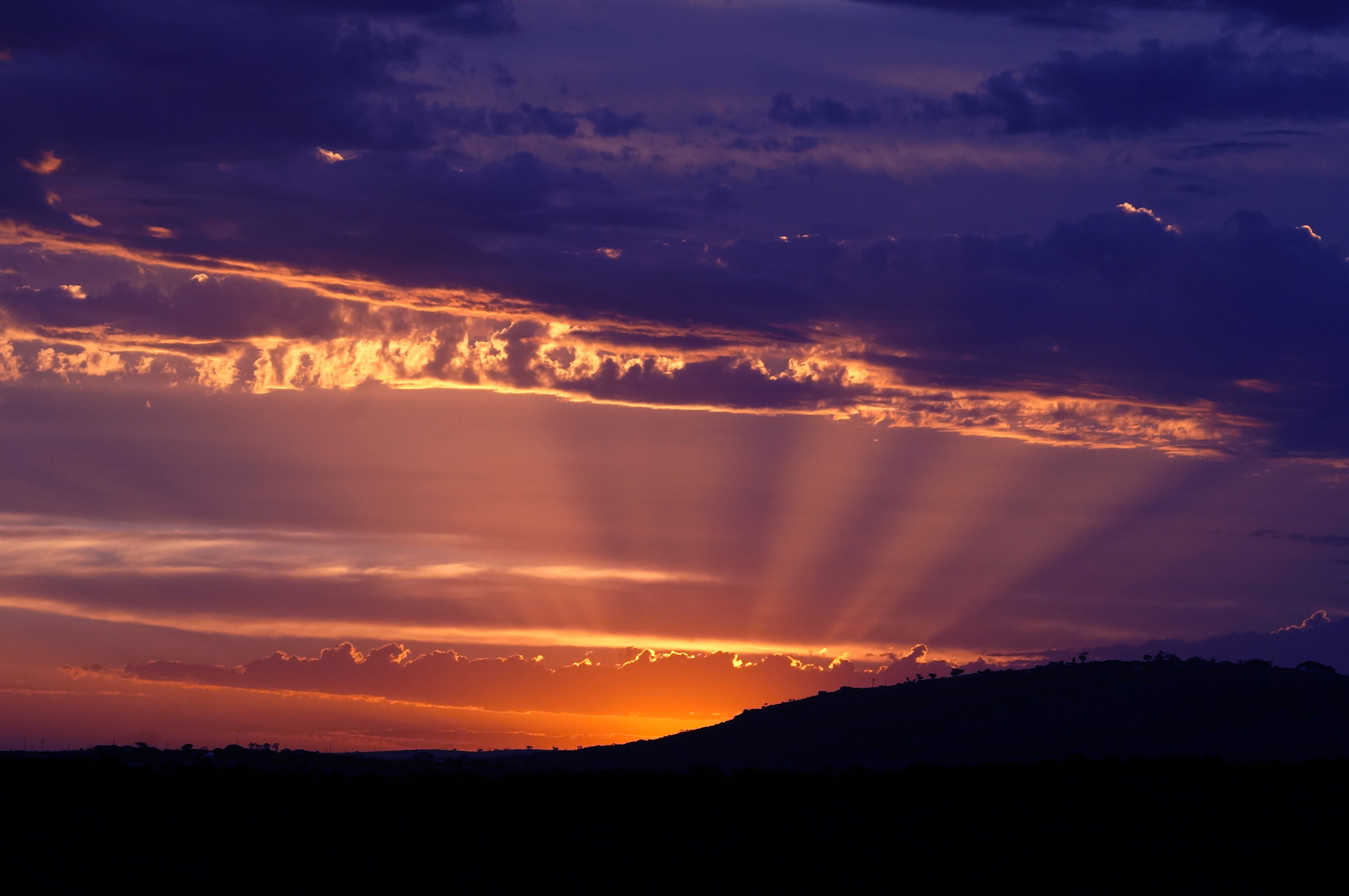 landscape, idyllic, beauty in nature, nature, dusk, sunshine, sunset, awe, weather, sky, dark, scenics - nature, orange, sun ray, mountain, horizon over land, HD Wallpaper