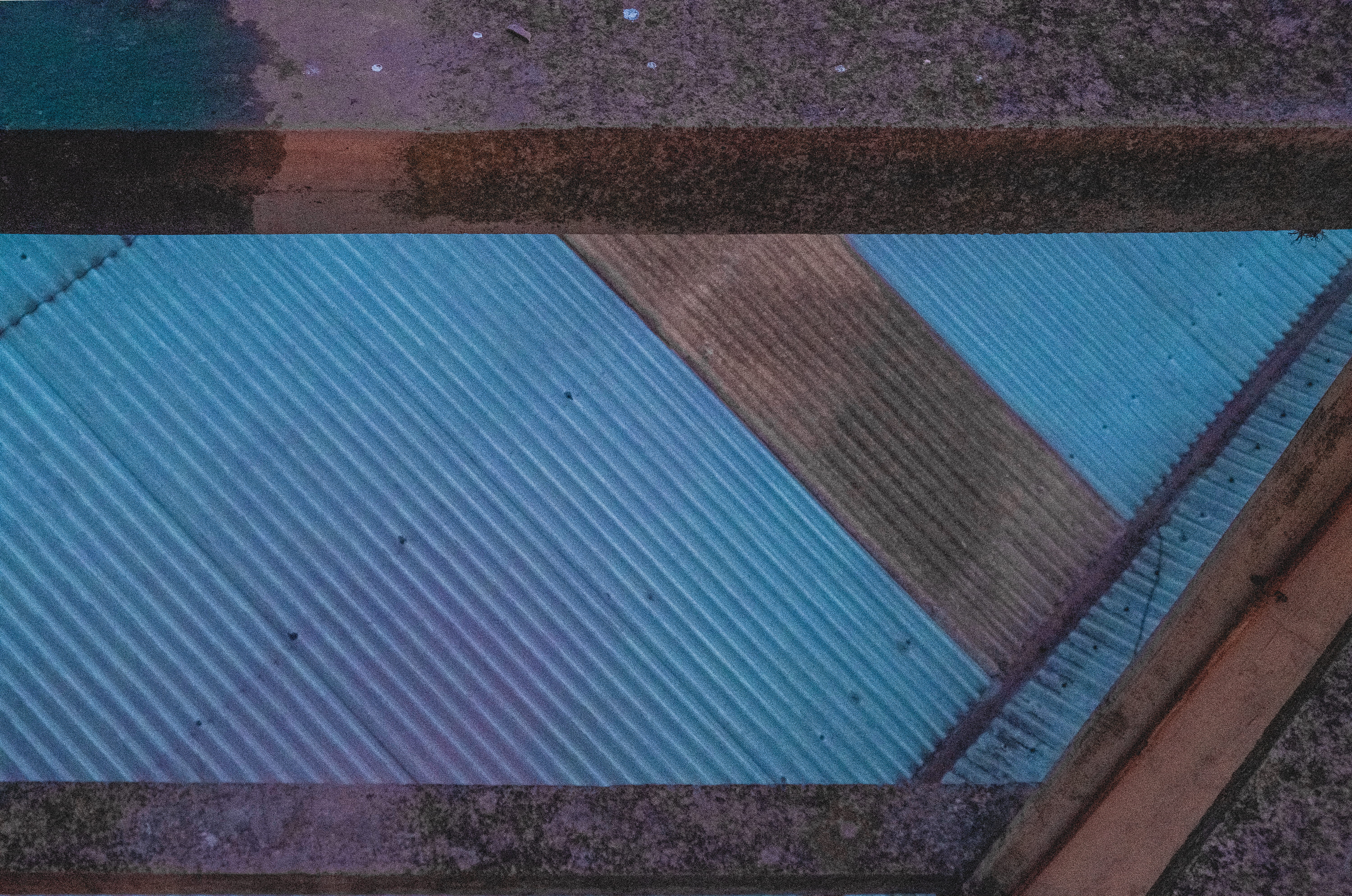 high angle view, metal, architecture, structure, sunlight, 5K, close-up, outdoors, built structure, roof, line, grainy, fujifilm, blue, background, textured, HD Wallpaper
