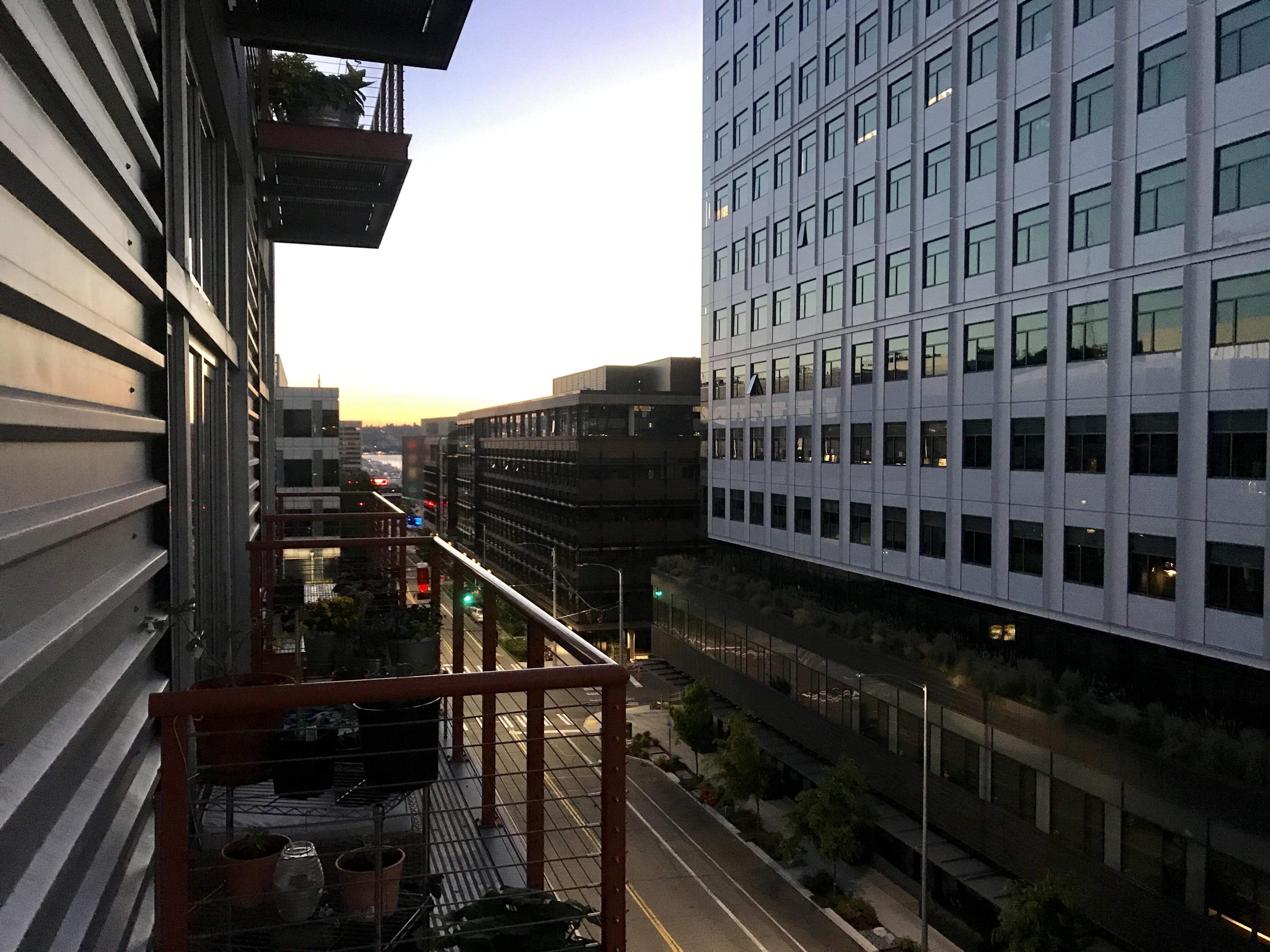 railing, cloud - sky, sunrise, no people, street, transportation, rail transportation, day, office, glass - material, city, office building exterior, united states, HD Wallpaper
