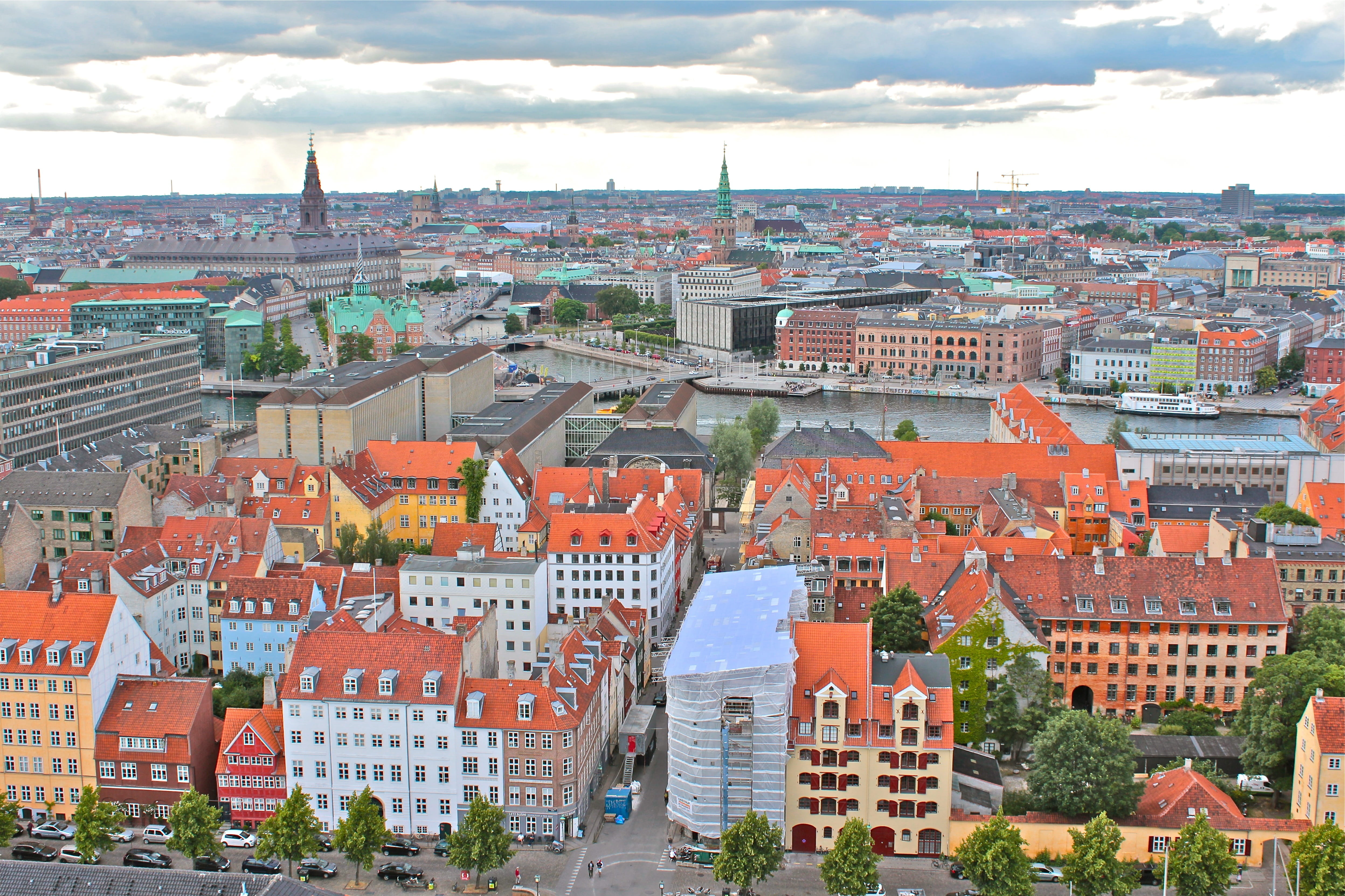 copenhagen, roof, vacations, romantic, outlook, high contrast, historic center, sky, blue, houses, building, denmark, landmark, water, high angle view, HD Wallpaper