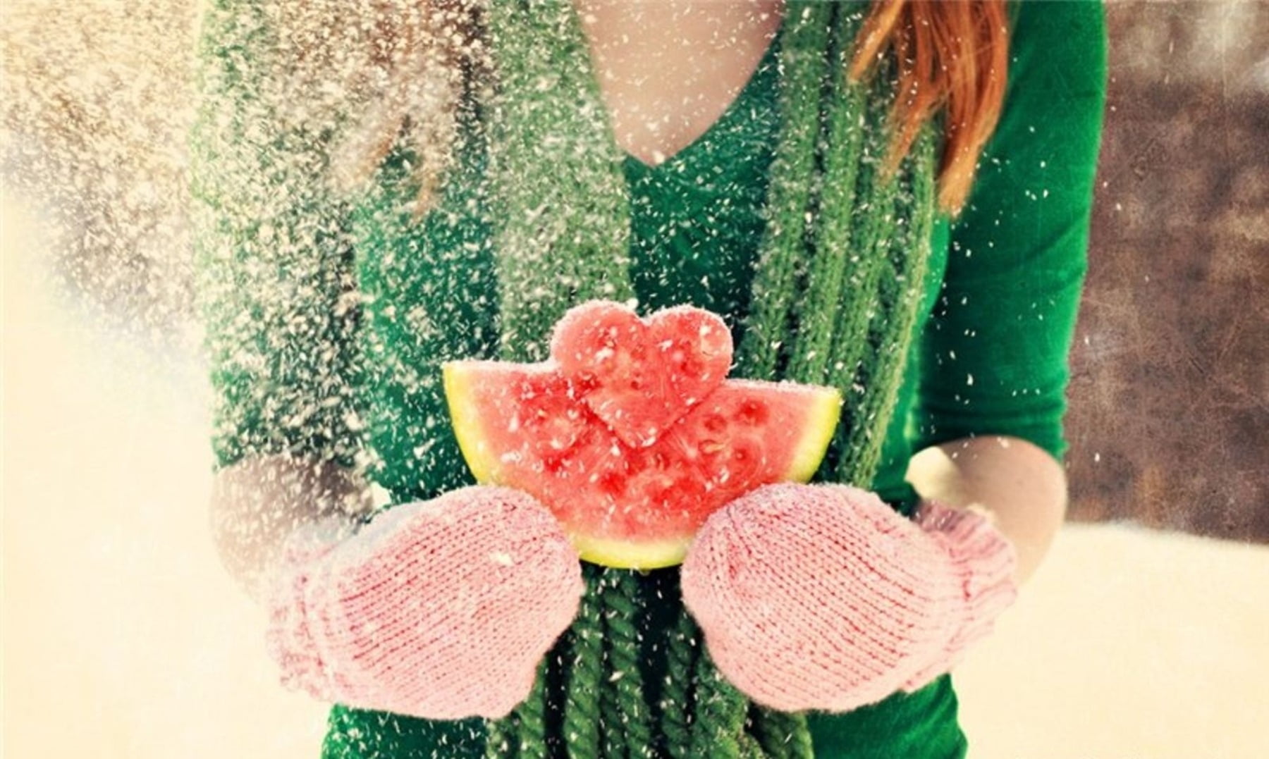 green, watermelon, fruit, one Person, cold temperature, lifestyles, holding, mittens, midsection, people, cute, wool, gift, clothing, girl, shirt, 720P, HD Wallpaper