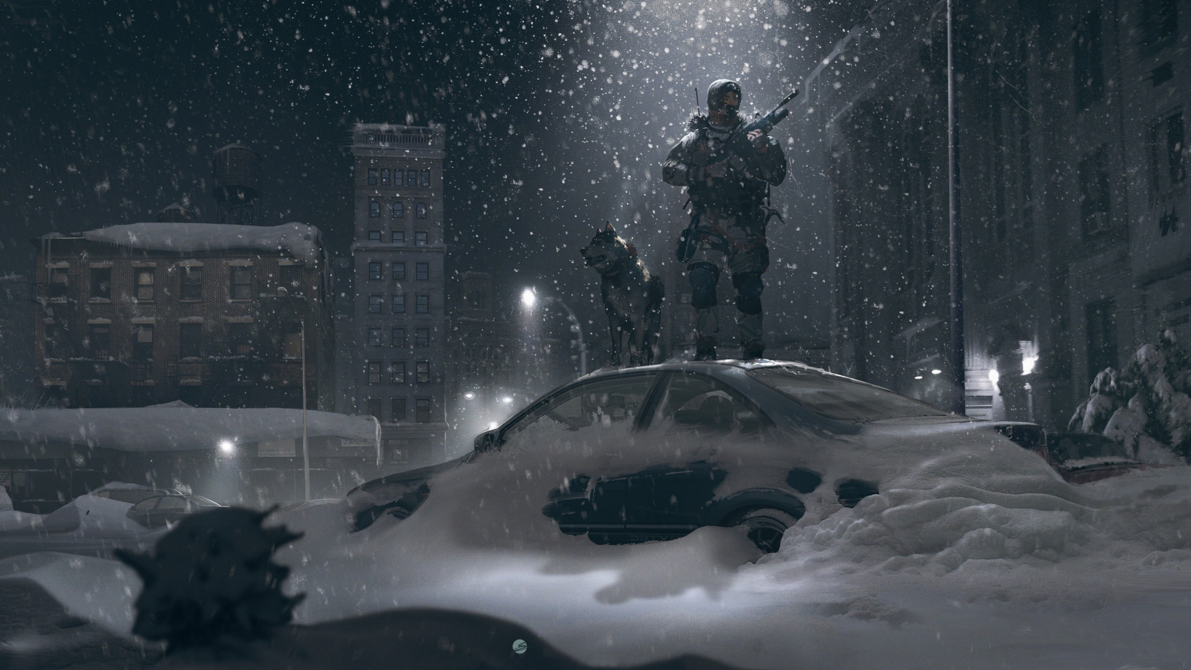 night, snowing, cold - Temperature, people, blizzard, mode of transportation, illuminated, building exterior, soldier, transportation, artwork, nature, HD Wallpaper