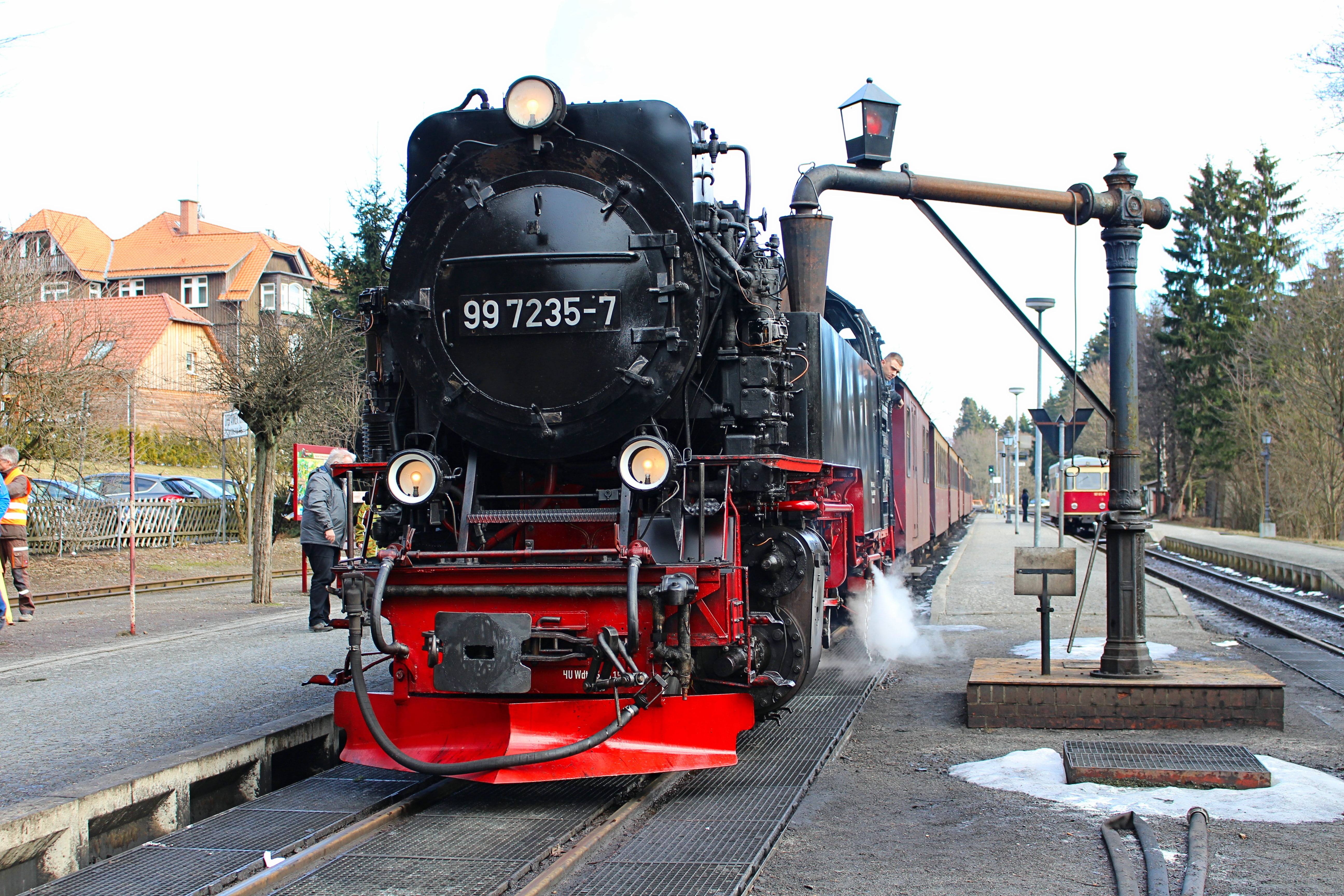 railroad station, locomotive, railway, steam locomotive, train - vehicle, railroad station platform, engine, transportation, towing vehicle, red, day, track, HD Wallpaper