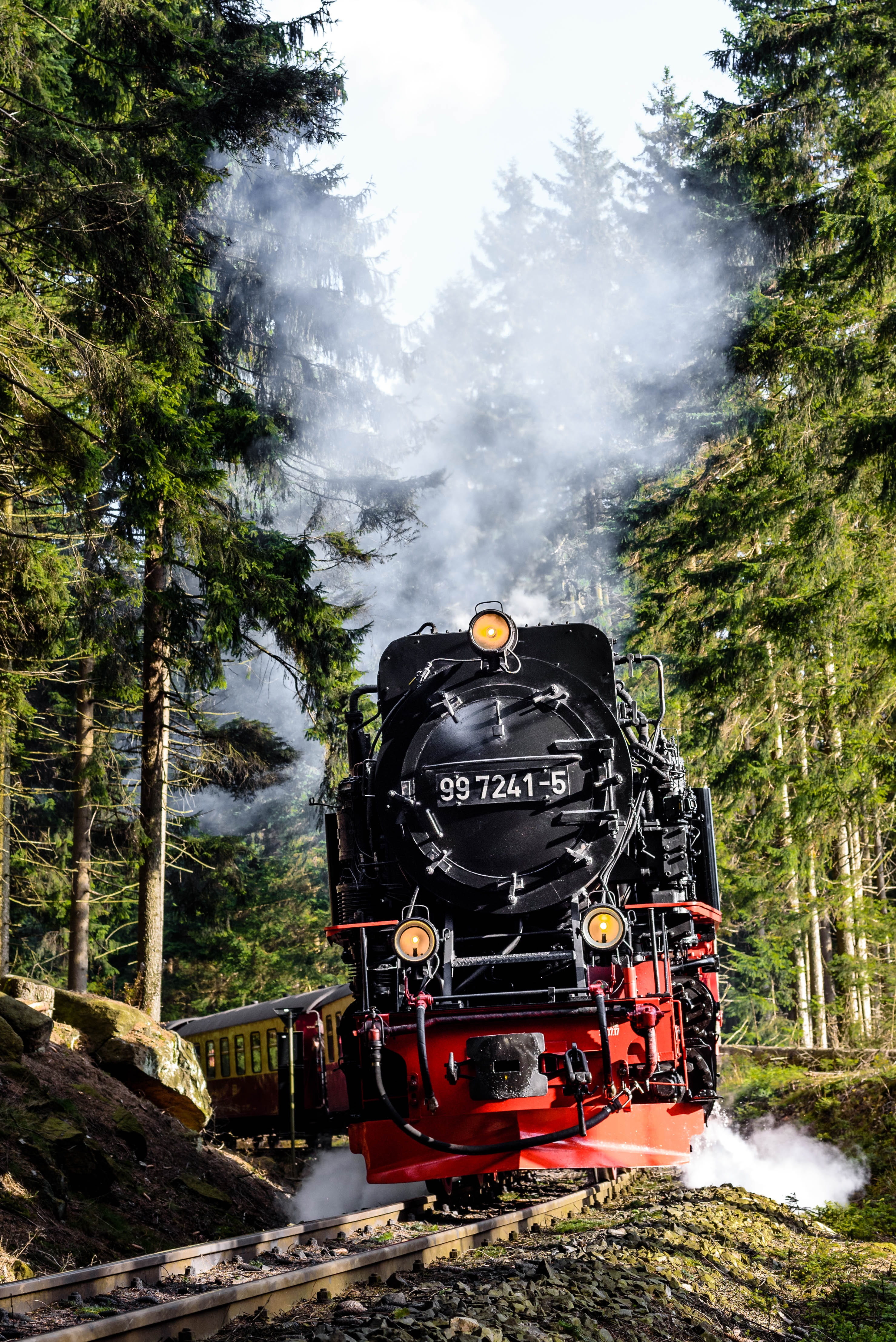 4K, landscape, public transportation, mode of transportation, autumn, land, passenger train, railroad track, steam train, smoke - physical structure, tree, Phone HD Wallpaper