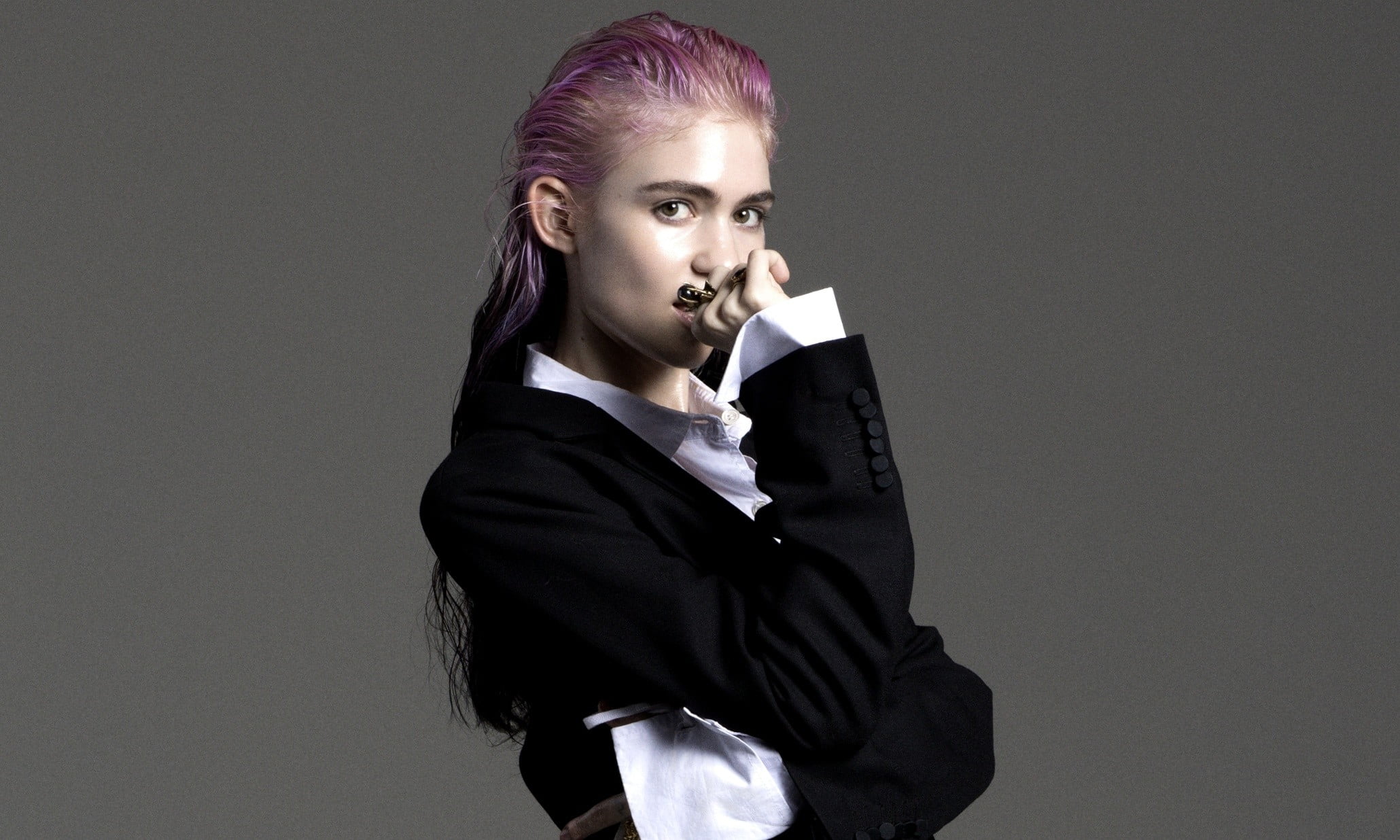 1080P, young adult, beautiful woman, suit, studio shot, dyed hair, portrait, fashion, standing, hairstyle, business, young women, women, beauty, one person, HD Wallpaper