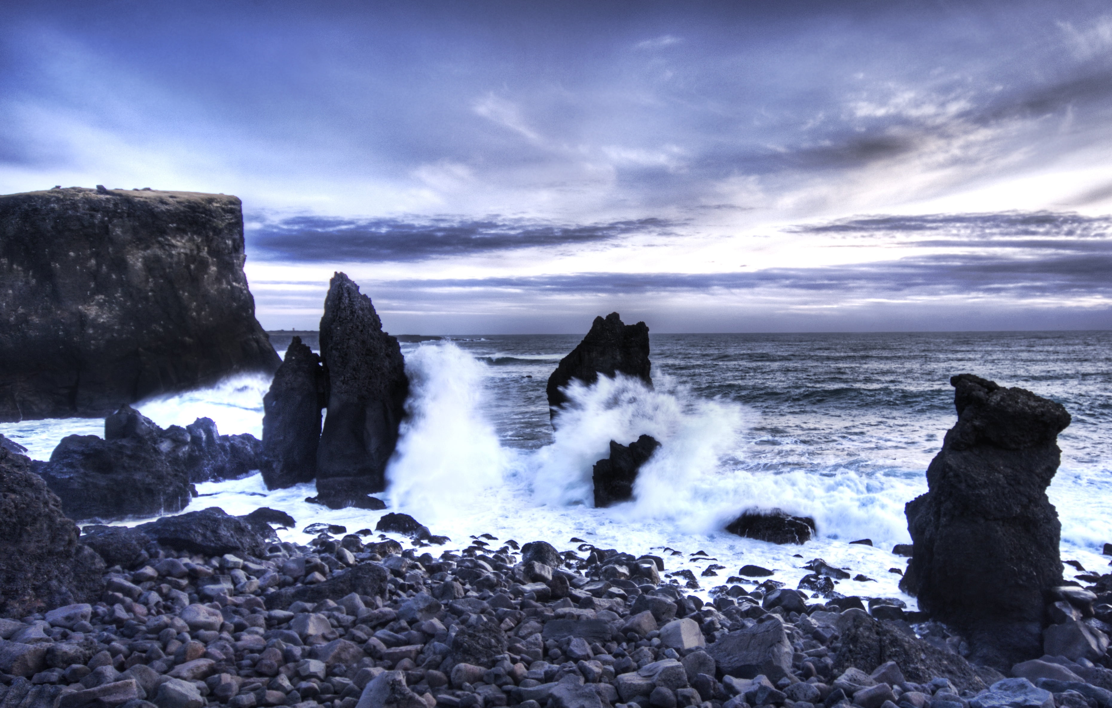 beach, Earth, sea, shore, nature, volcanic, photography, 2K, iceland, coastline, sky, rock - Object, landscape, rocks, photographer, ocean, water, nikon, HD Wallpaper