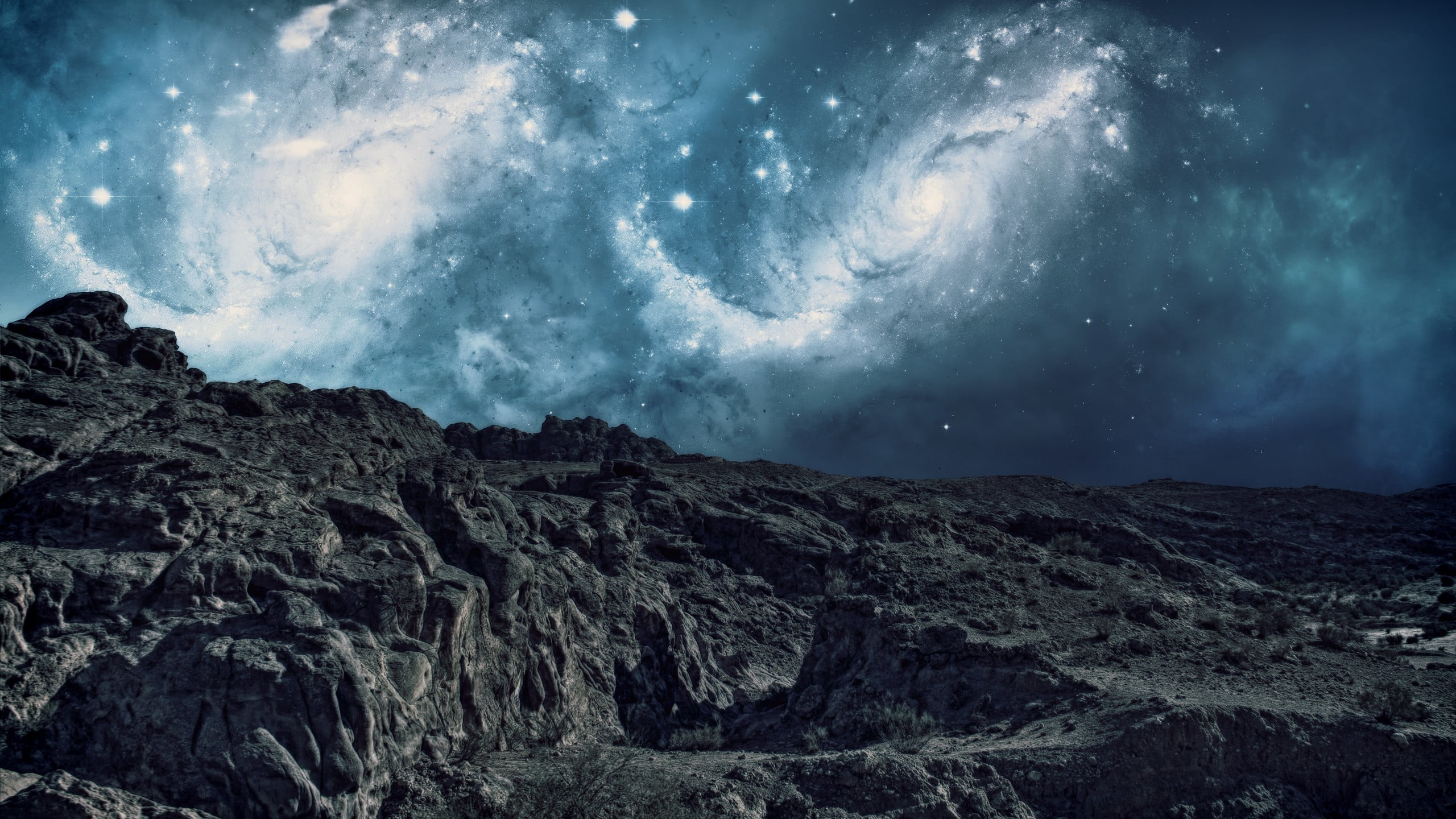landscape, 2K, tranquility, beauty in nature, sky, nighttime, way, tranquil scene, galaxy, volcanic crater, fantasy art, star - space, cloud - sky, rock - object, HD Wallpaper