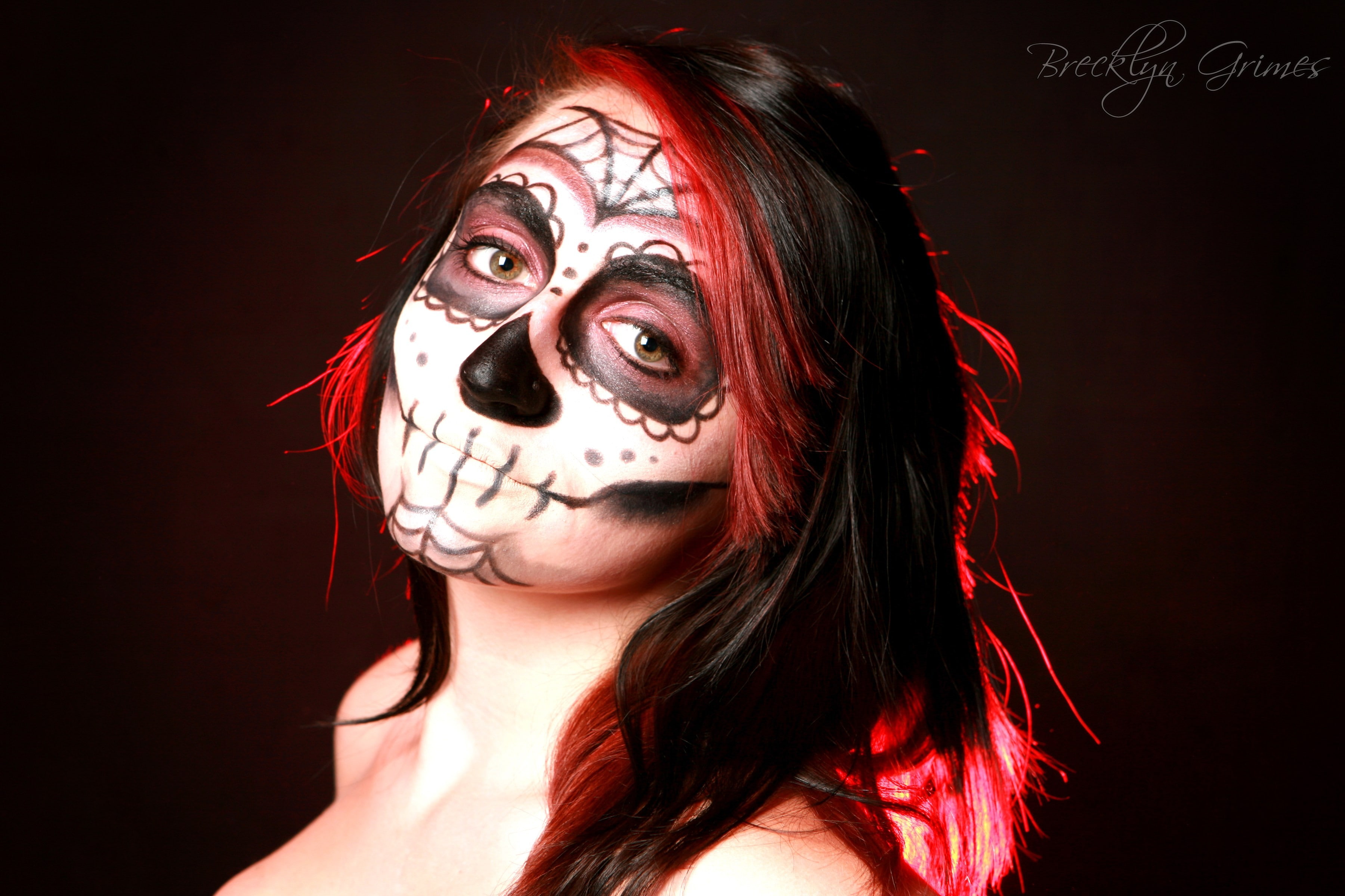 red, Brecklyn Grimes, Dia de los Muertos, hairstyle, human face, headshot, fear, portrait, disguise, close-up, celebration, Kylie Grimes, paint, make-up, HD Wallpaper