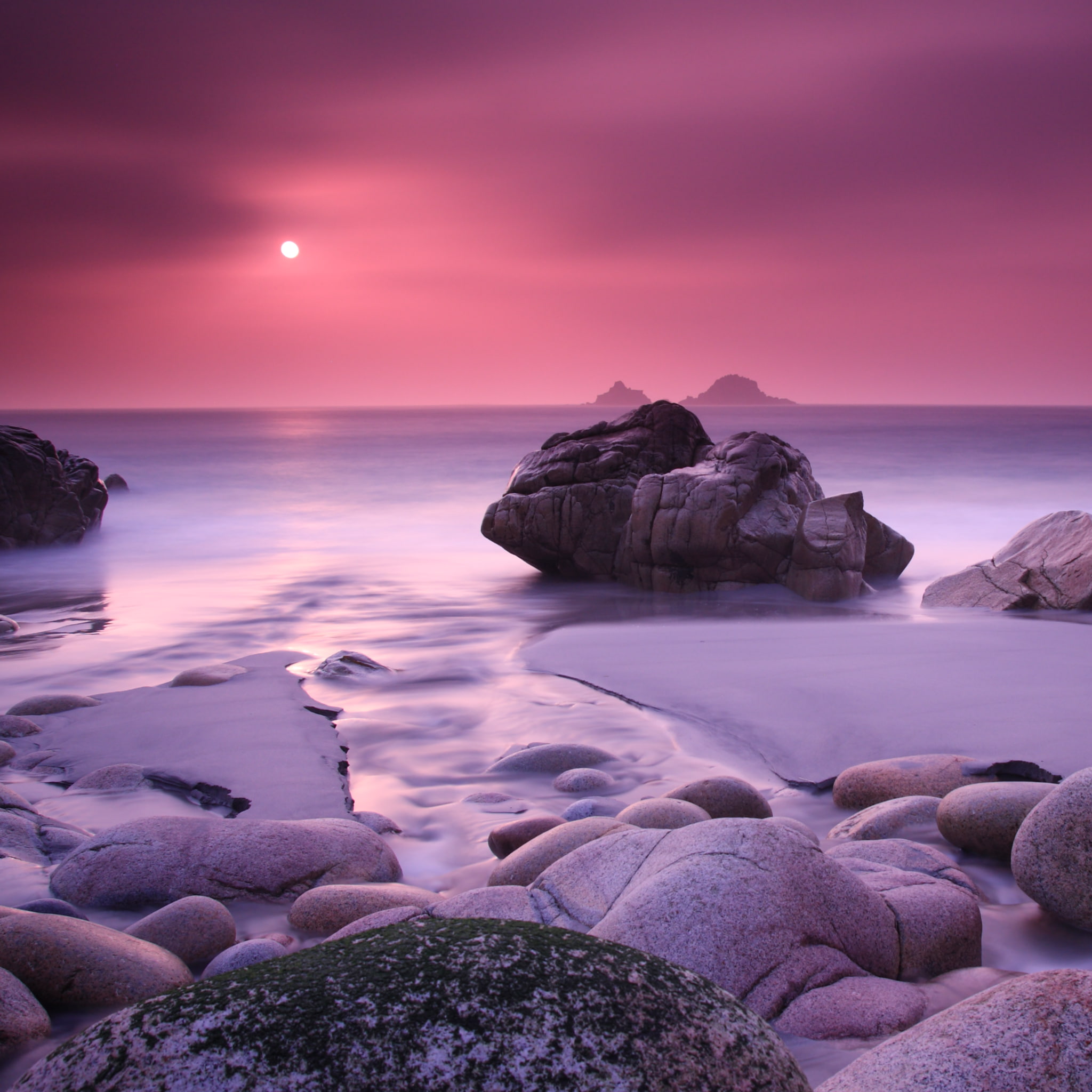 rocks, 1080P, outdoors, cornwalluk, scenics - nature, nature, sunset, sun, porth, photography, longexposure, beach, sea, thesun, pink, no people, dramatic sky, Phone HD Wallpaper