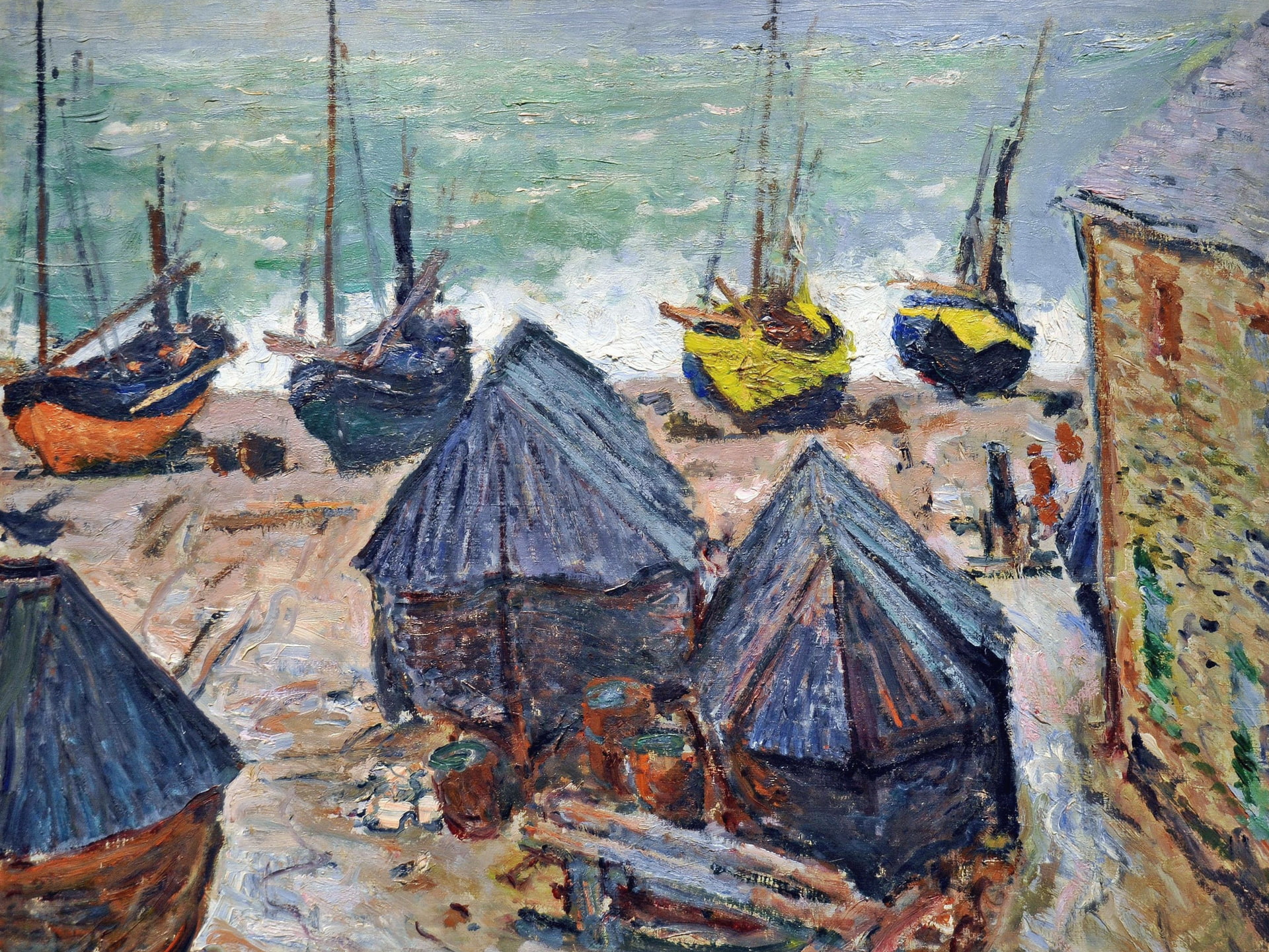 1080P, Boats on the Beach in Étretat, landscape, picture, Claude Monet, HD Wallpaper