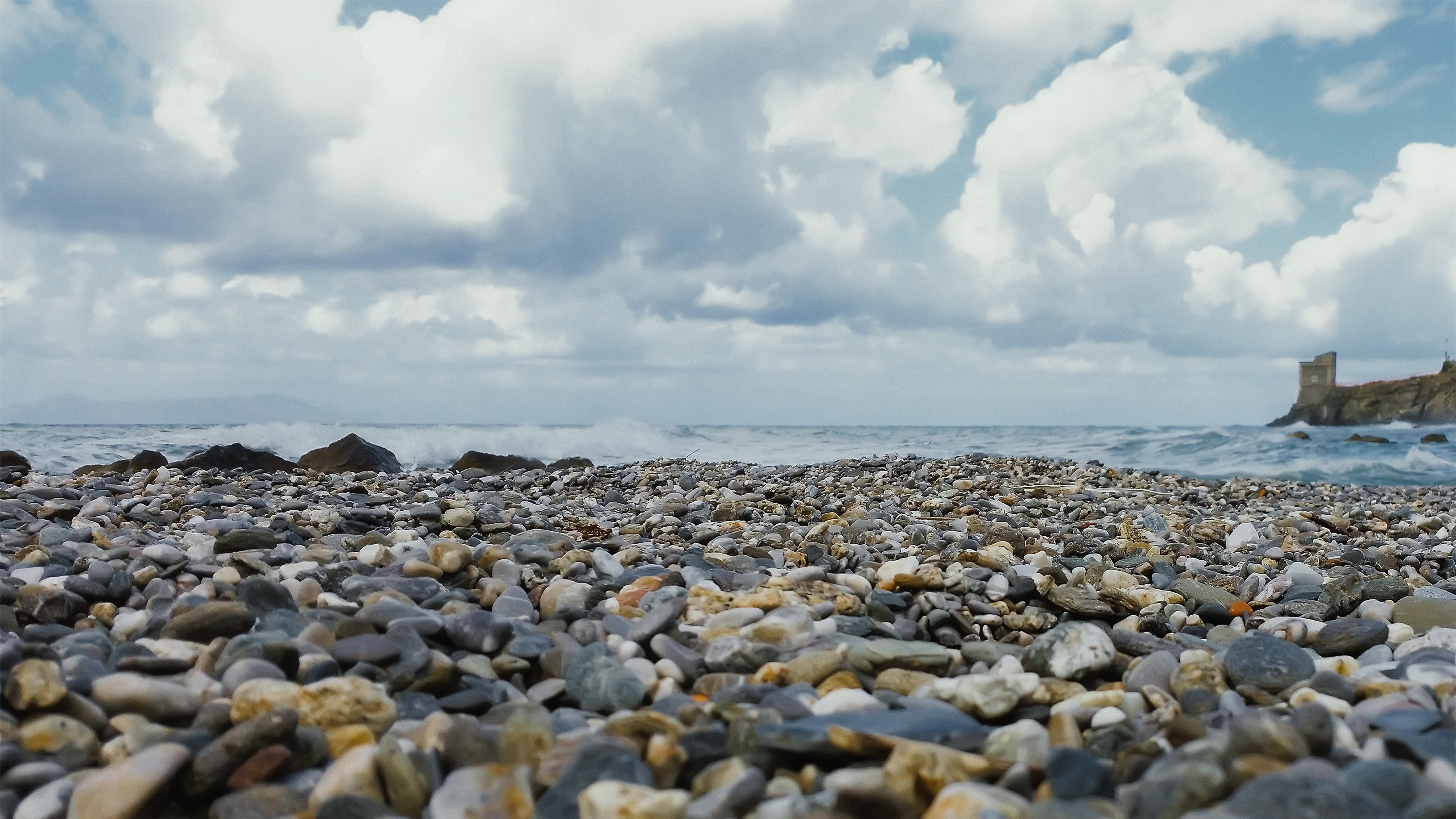 2K, pebble, cloud - sky, tranquility, no people, beauty in nature, land, nature, sky, horizon, beach, surface level, horizon over water, water, rock - object, HD Wallpaper