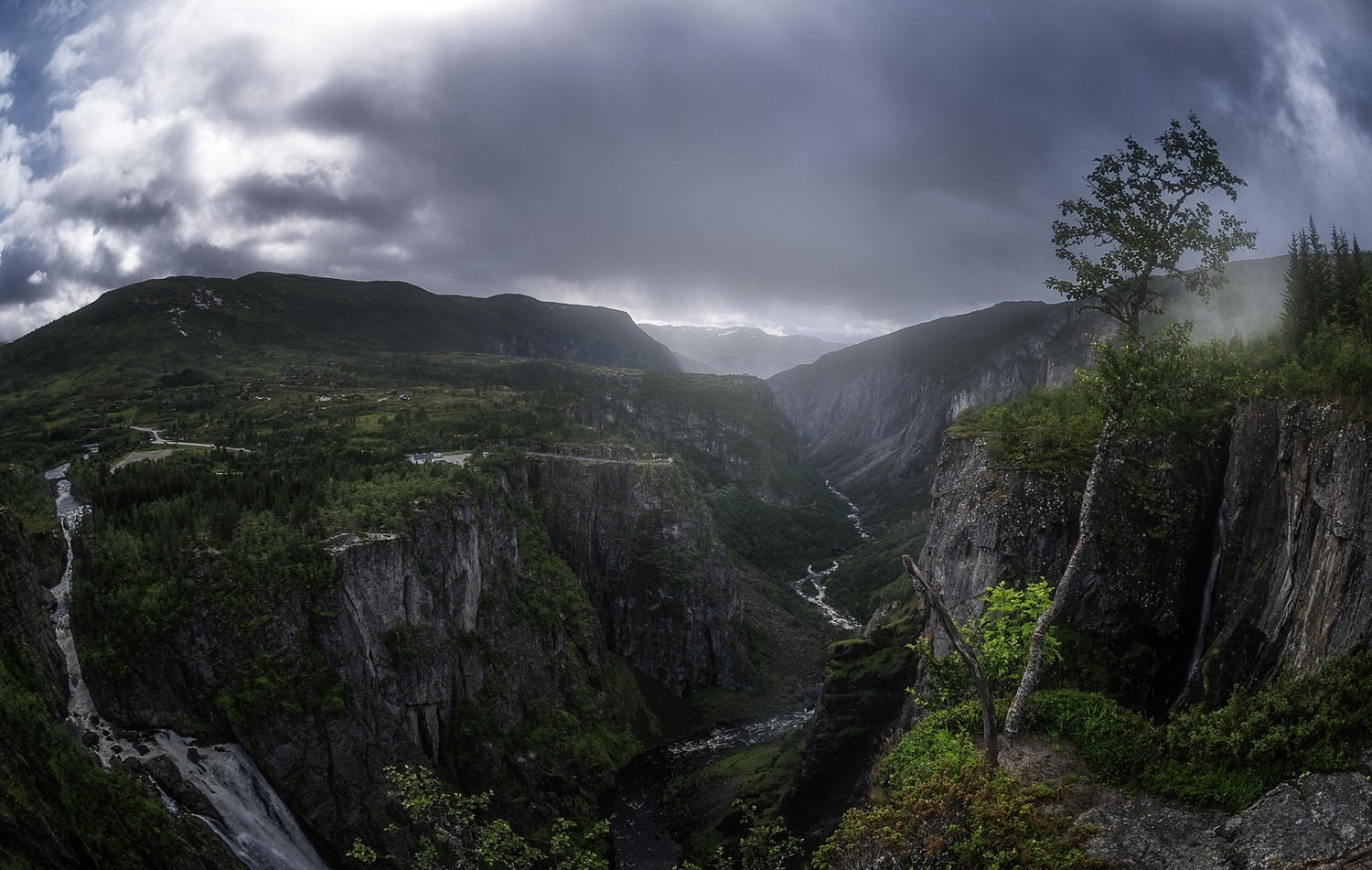 trees, shrubs, clouds, dark, summer, 720P, photography, nature, waterfall, river, Norway, canyon, gorge, landscape, HD Wallpaper