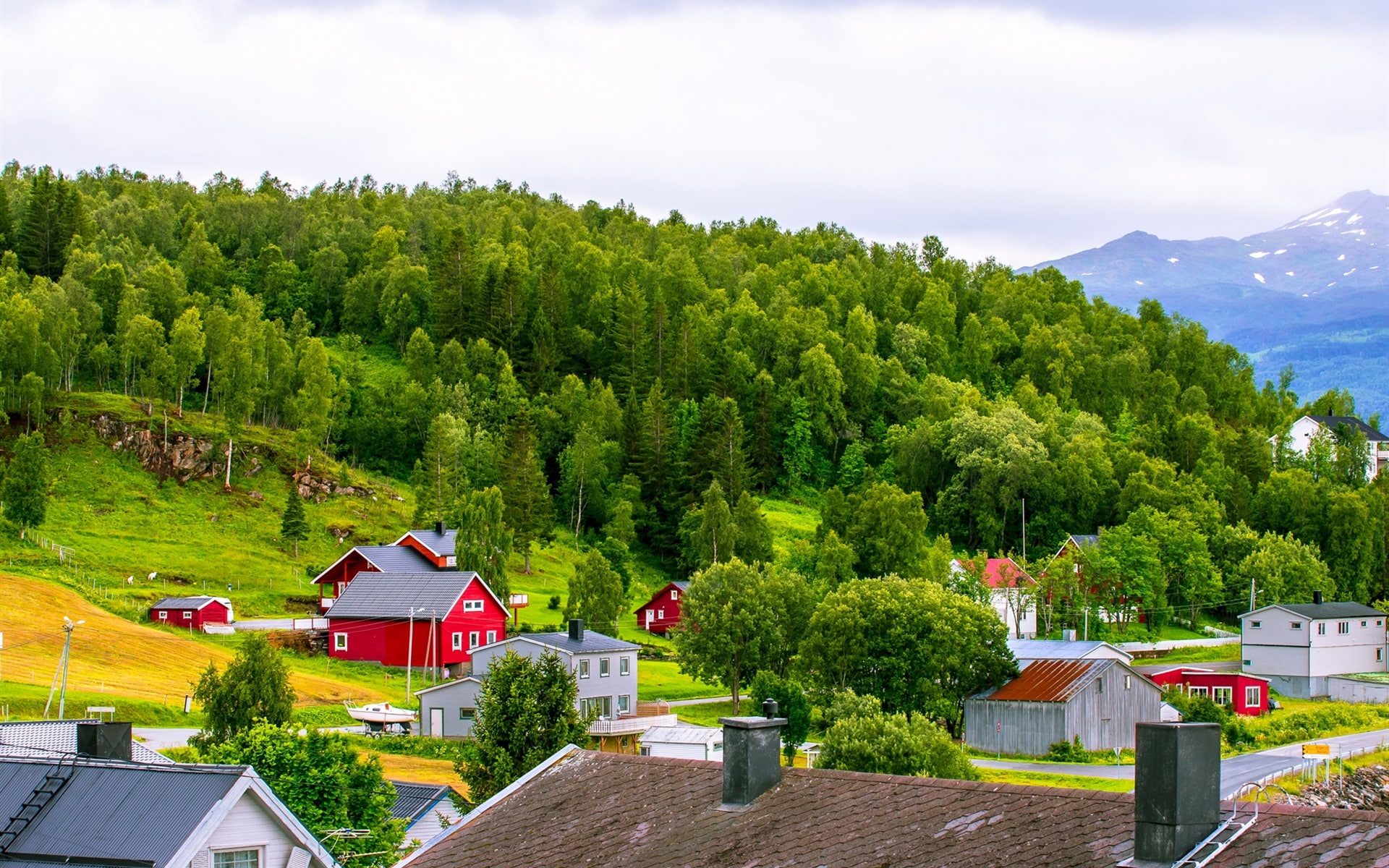 Mountains, 1080P, Trees, Grass, Houses, Norway, Town, HD Wallpaper