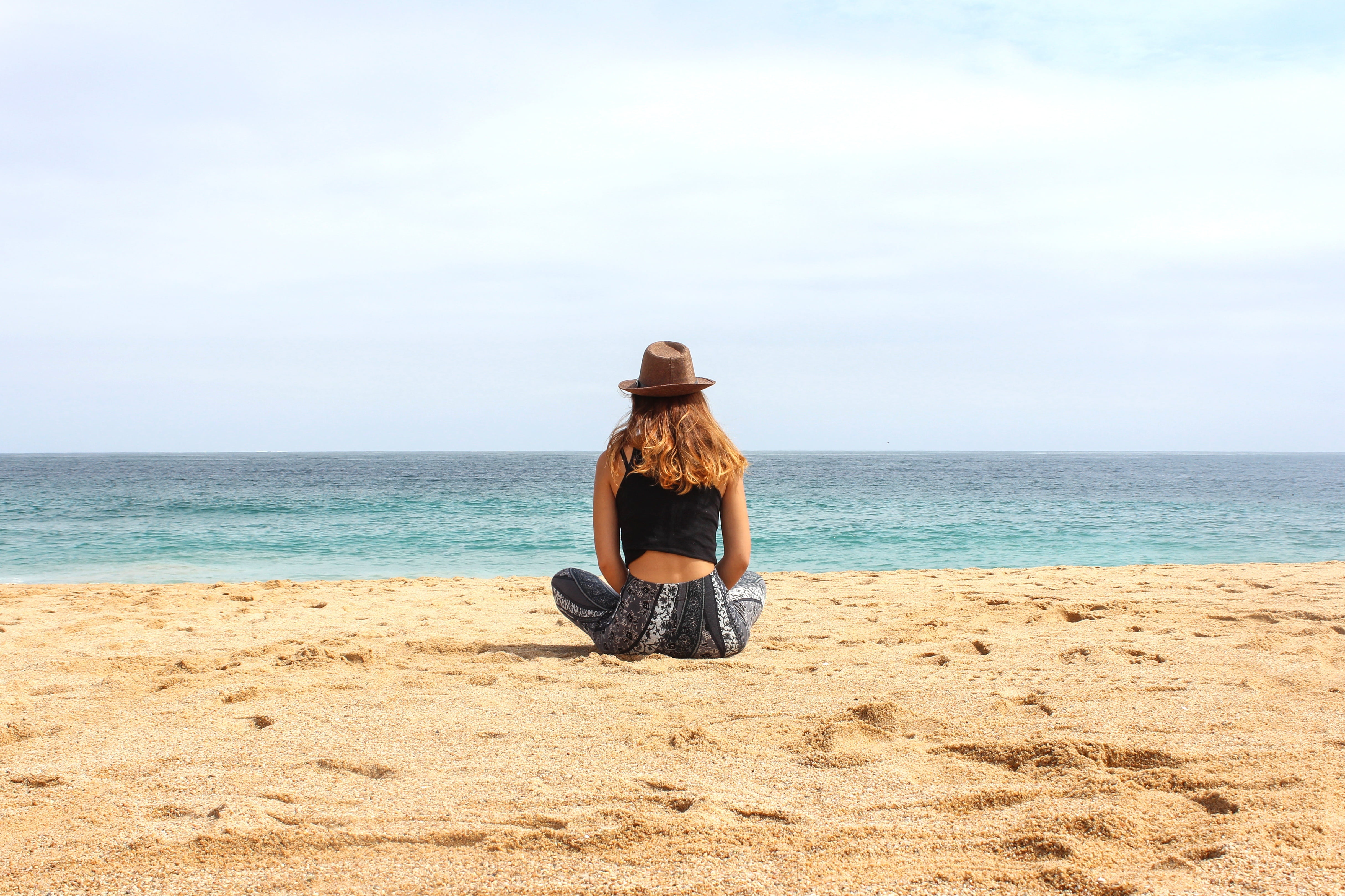 seashore, sea, black, daytime, tranquility, hat, caucasian Ethnicity, tank, water, summer, females, top, beauty in nature, looking at view, day, 4K, scenics - nature, HD Wallpaper