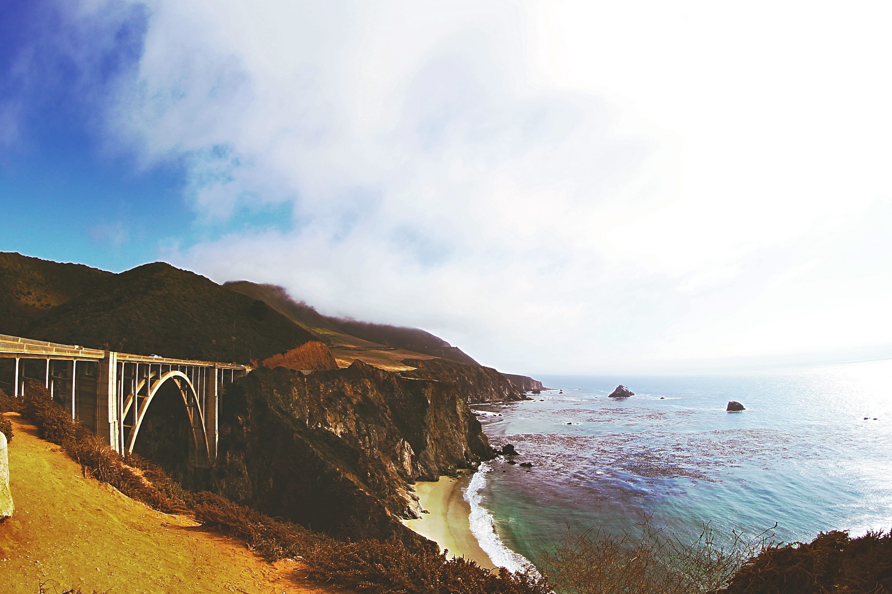 highway, brown, californium, no people, coast, cloud - sky, architecture, horizon over water, connection, land, 2K, ocean, daytime, blue, sea, bridge - man made structure, HD Wallpaper