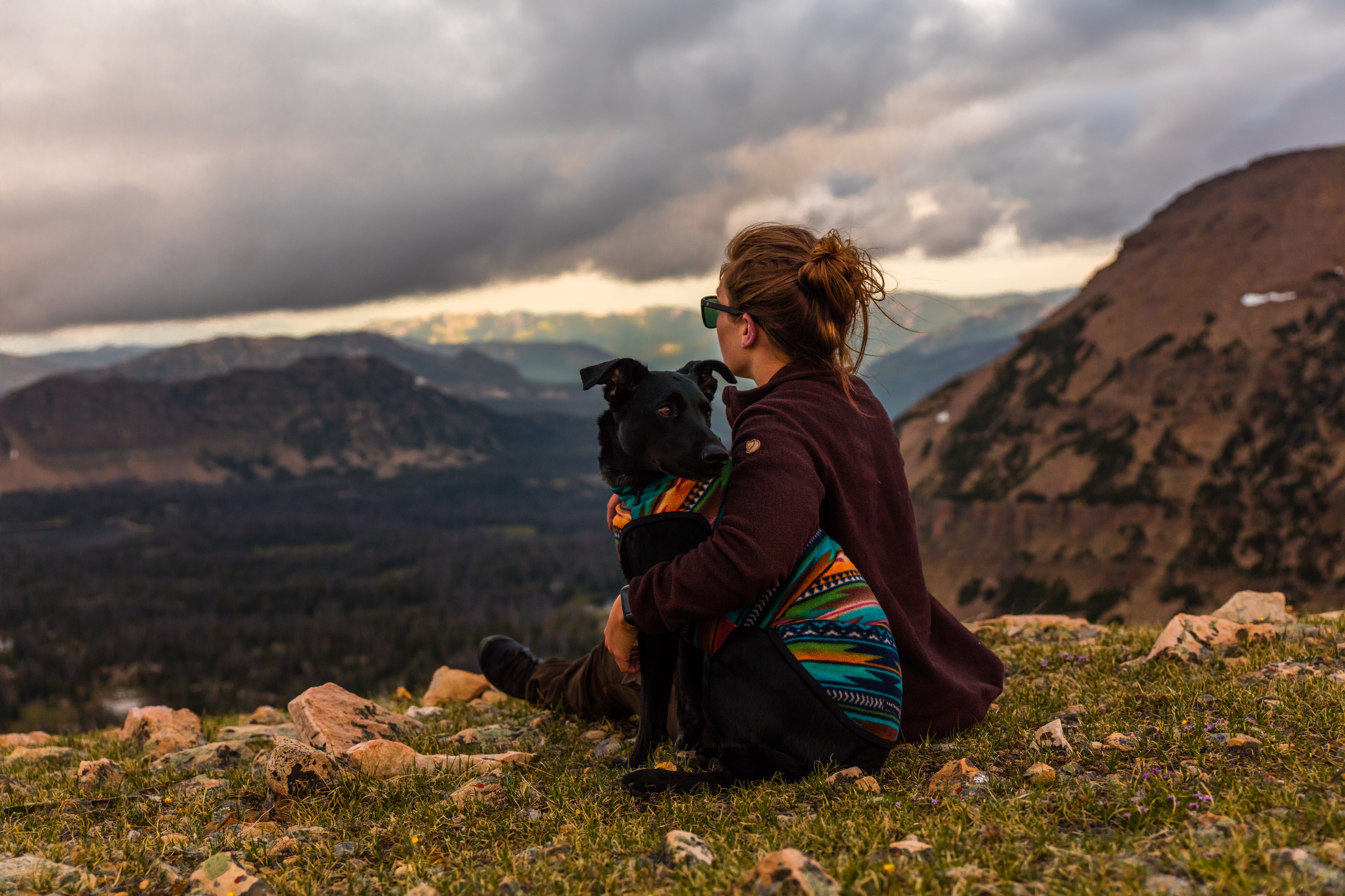 sitting, woman and dog, black, pets, domestic, outdoors, adult, cloudscape, mountain range, domestic animals, mammal, animal, sky, mountain, hugging, wanderlust, HD Wallpaper