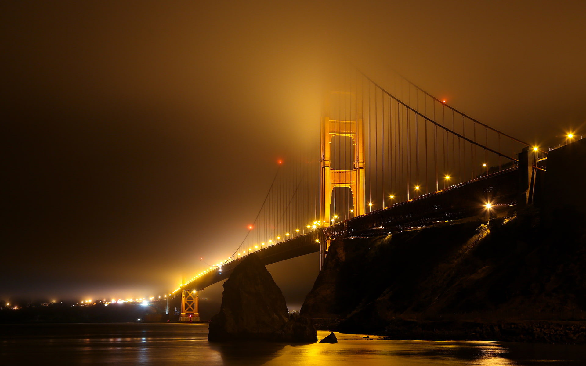 ocean, night, francisco, nature, lights, stone, 1080P, mist, san, hd, gate, fog, rock, golden, bridge, concrete, HD Wallpaper