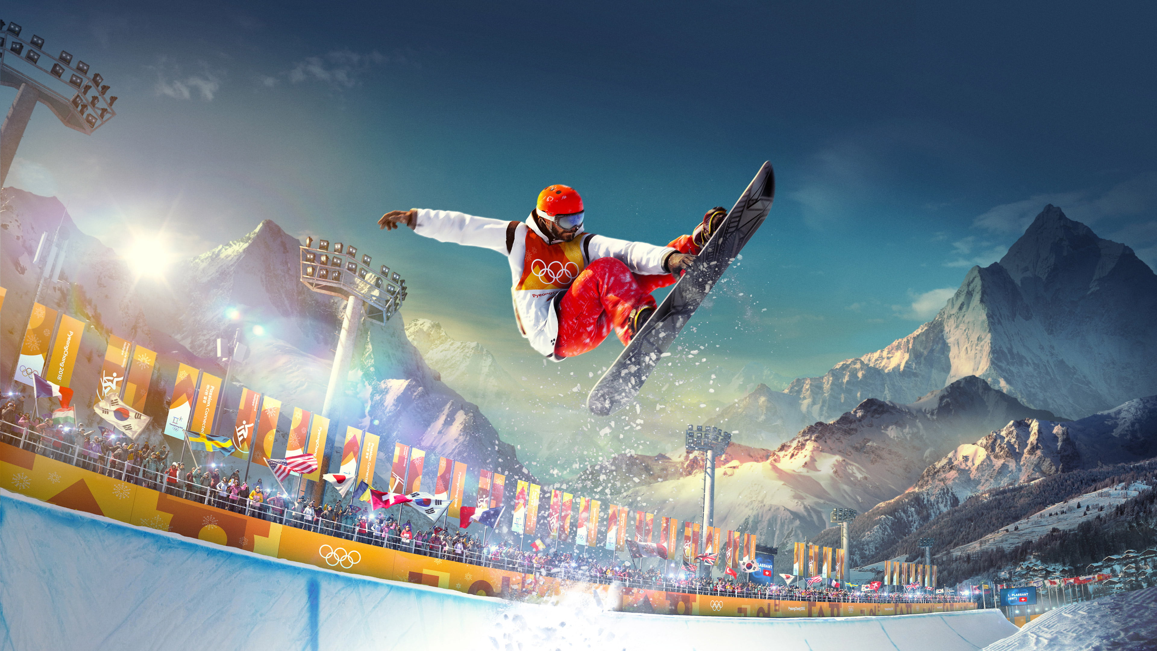 mountain, sports equipment, 2018 games, full length, joy, cold temperature, adult, one person, hd, sport, positive emotion, 4k, nature, mid-air, ski resort, HD Wallpaper