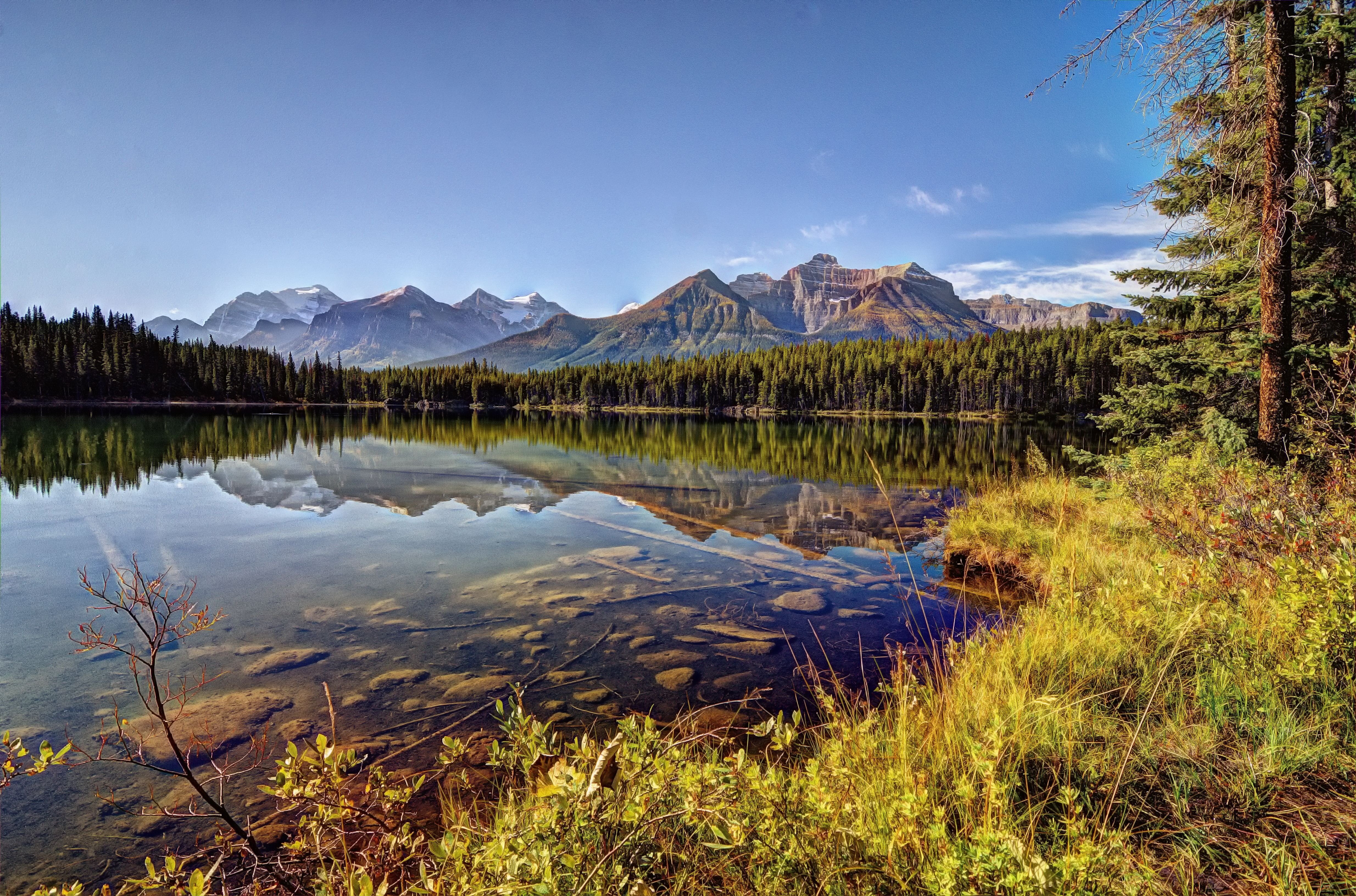 4K, lake, canada, national, banff, reflection, herbert, mountains, alberta, park, HD Wallpaper