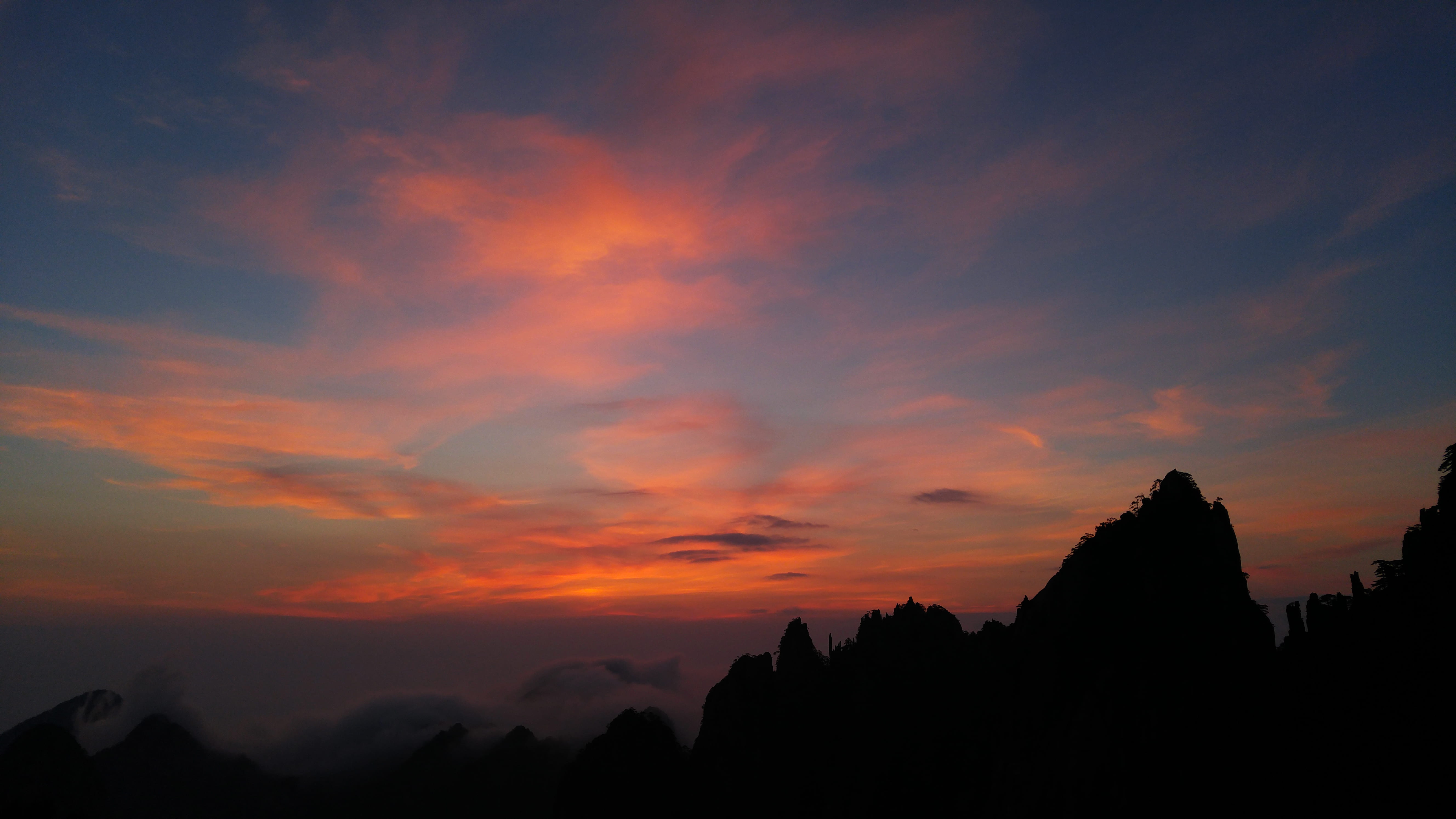 cloudscape, horizon, cloud, 5K, blue, tranquility, silhouette, nature, sunrise, outdoors, huangshan, orange, tree, sky, mountain, tranquil scene, orange color, HD Wallpaper