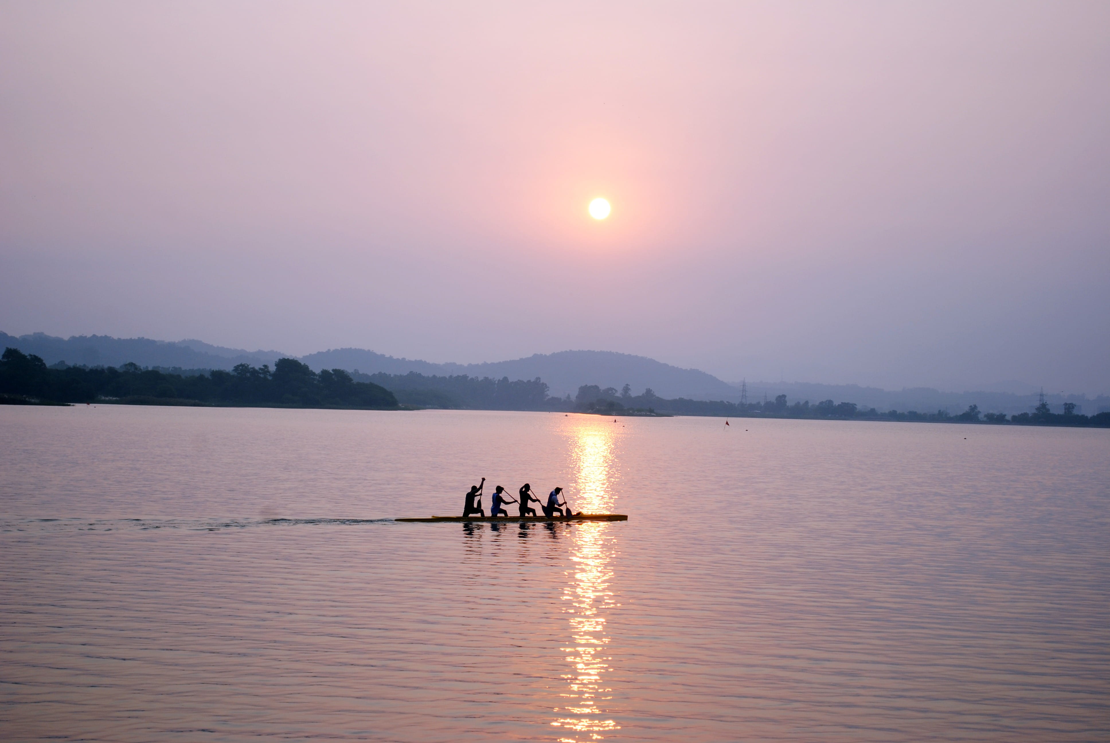 beach, water, rowing, beauty in nature, group of people, transportation, sky, rowboat, sport rowing, sunset, tranquil scene, mountain, scenics - nature, HD Wallpaper