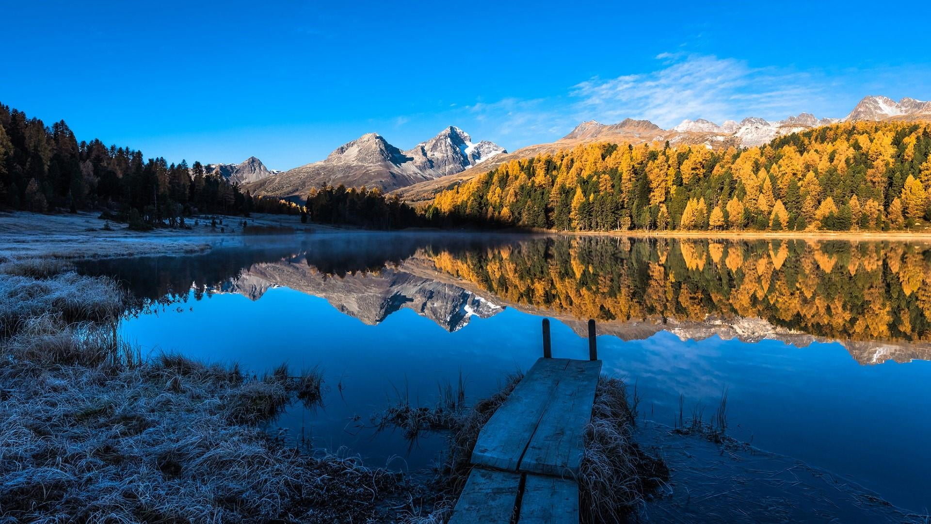 mountain, lake, no people, autumn, lake staz, nature, waterfront, blue sky, sky, plant, symmetry, day, non-urban scene, switzerland, tranquility, alps, HD Wallpaper