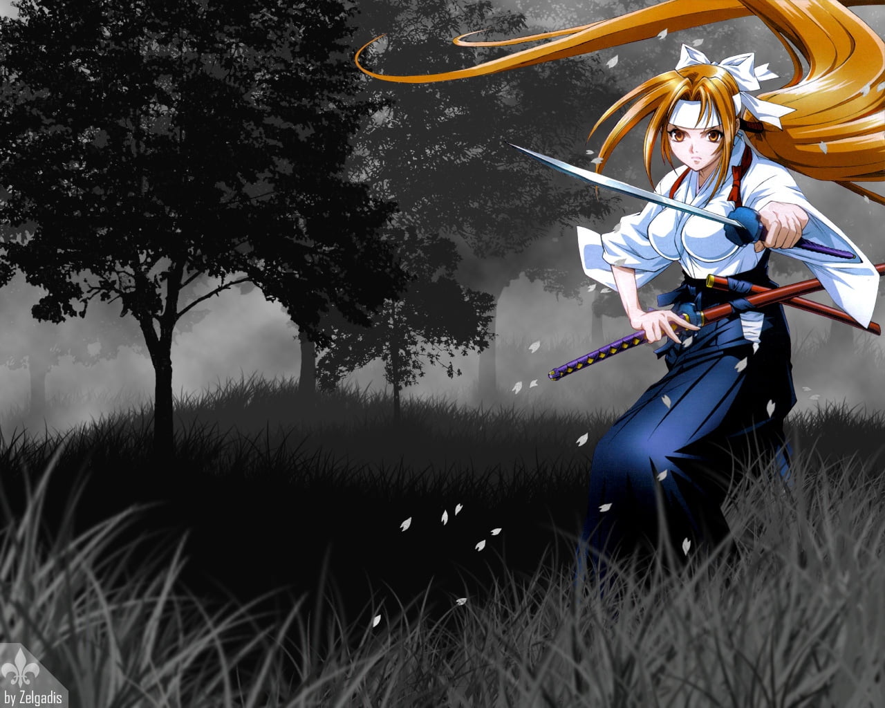 females, transportation, full length, digital, defense, sword, fantasy, grass, autumn, weapon, petals, warrior, 720P, water, one Person, women, HD Wallpaper