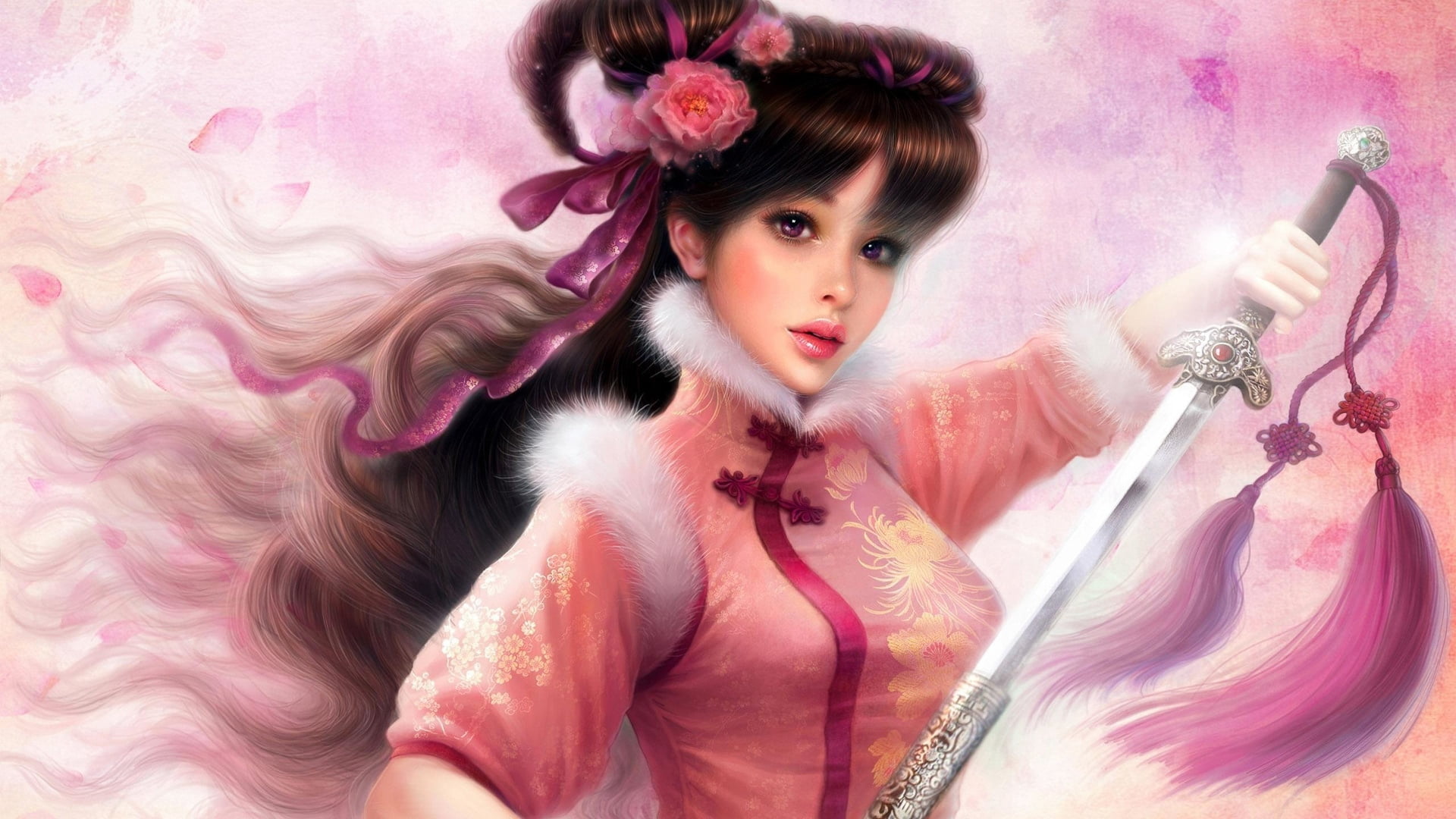 young Women, studio Shot, vintage, beauty, color Image, sensuality, girl, beautiful, haired, beautiful woman, sword, flower, 1080P, lipstick, hairstyle, HD Wallpaper