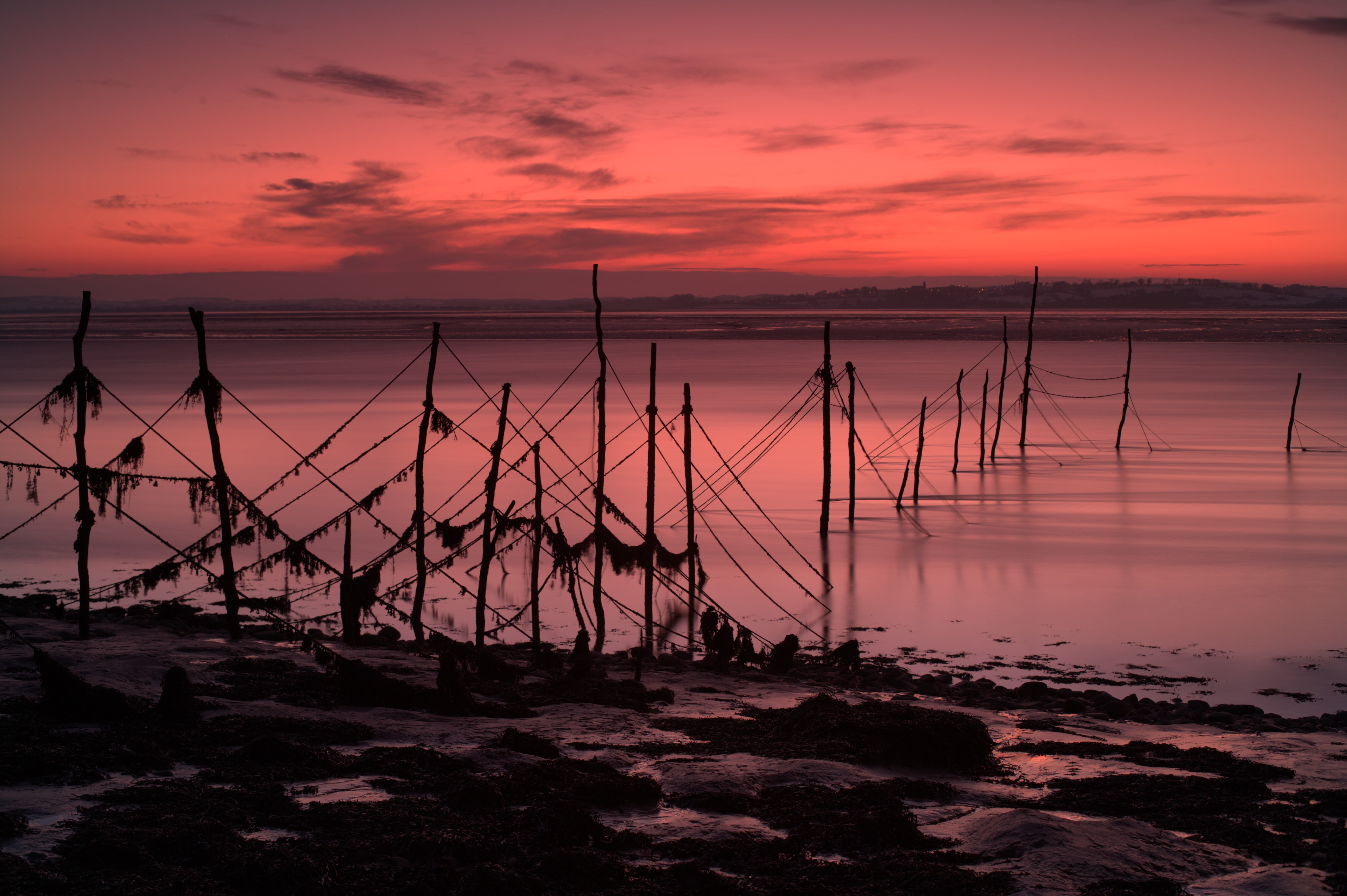 Nets, outdoors, coastline, silhouette, water, sunrise - Dawn, Canon, sunlight, nature, Salmon, view, sea, Sunset, 1Ds, sun, stick, Scotland, Landscapes, HD Wallpaper
