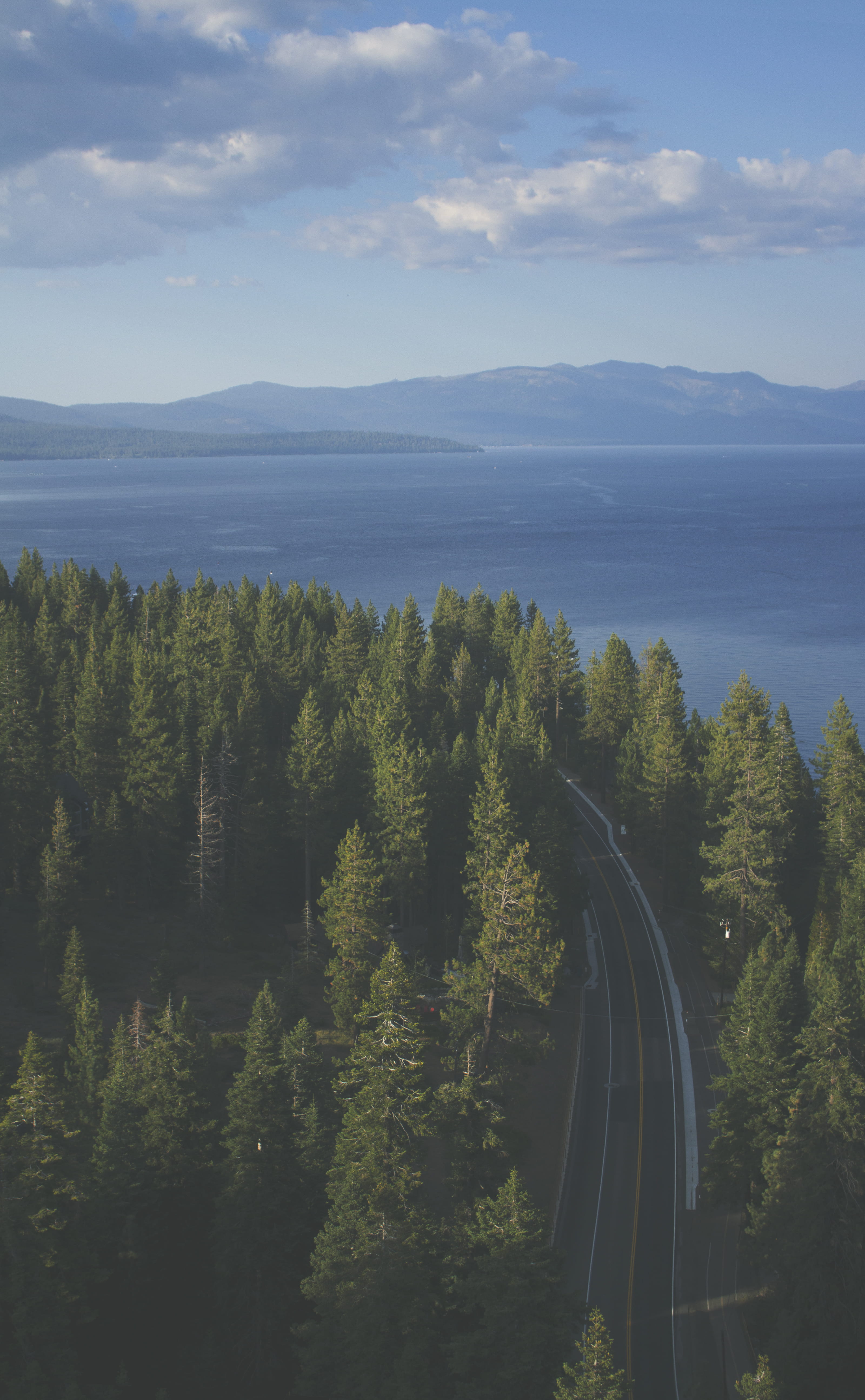 trees, plant, lake tahoe, lake, tahoe, california, built structure, mountain, non-urban scene, tree, transportation, curve, beauty in nature, sky, architecture, Phone HD Wallpaper