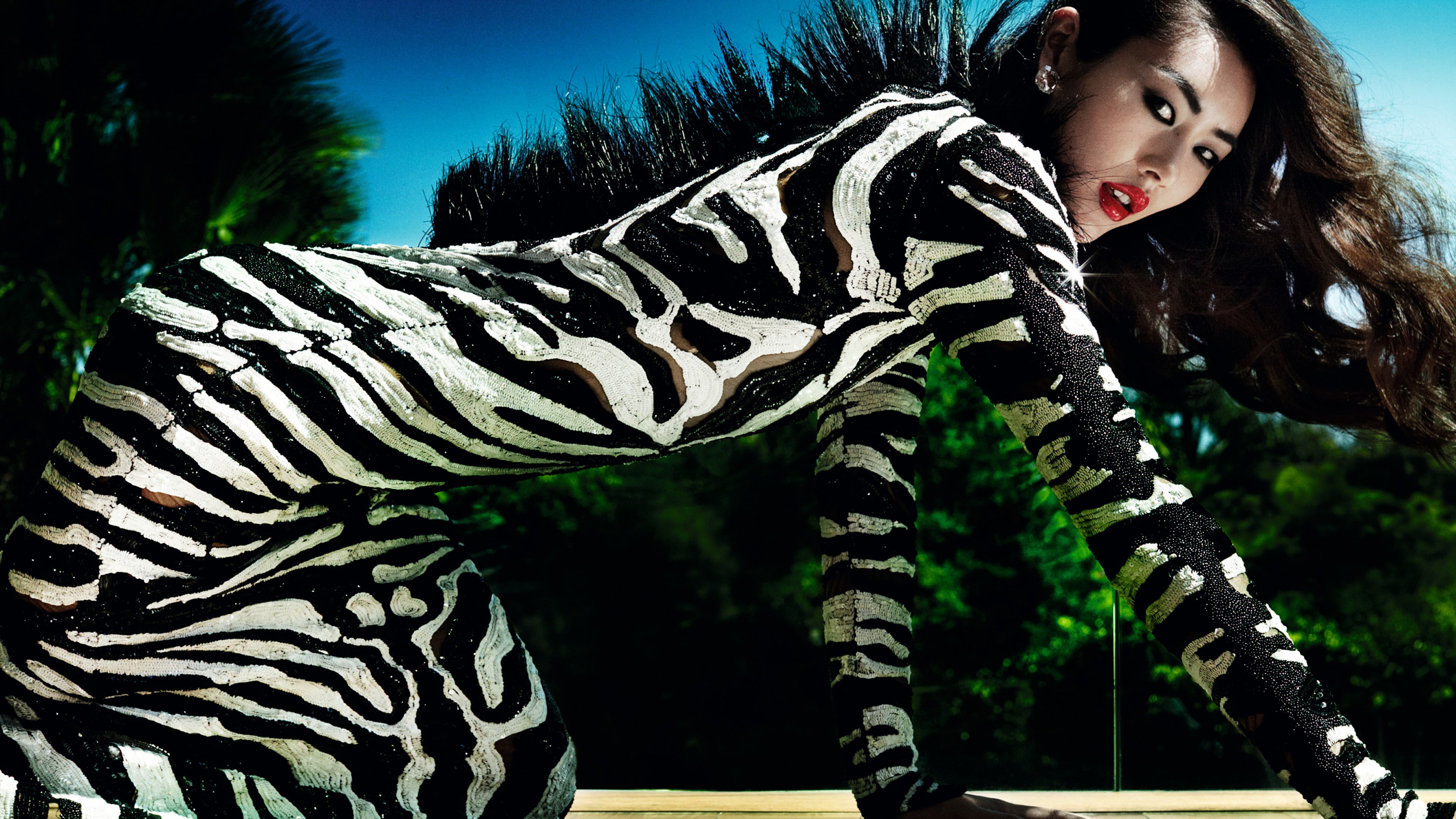 brunette, Top Fashion Models 2015, 4K, model, Liu Wen, red lips, dress, HD Wallpaper