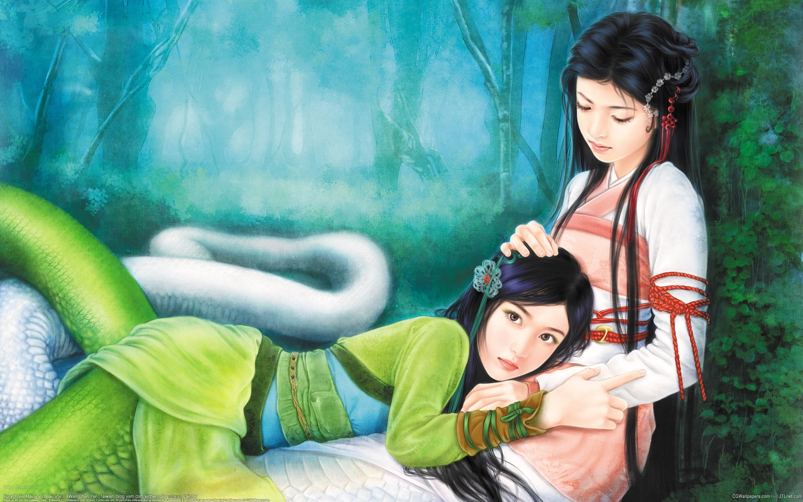 tail, kimono, human, two people, leisure activity, forest, art, women, lies, two, black hair, snakes, character, wen chen yen, snake, females, people, real people, HD Wallpaper