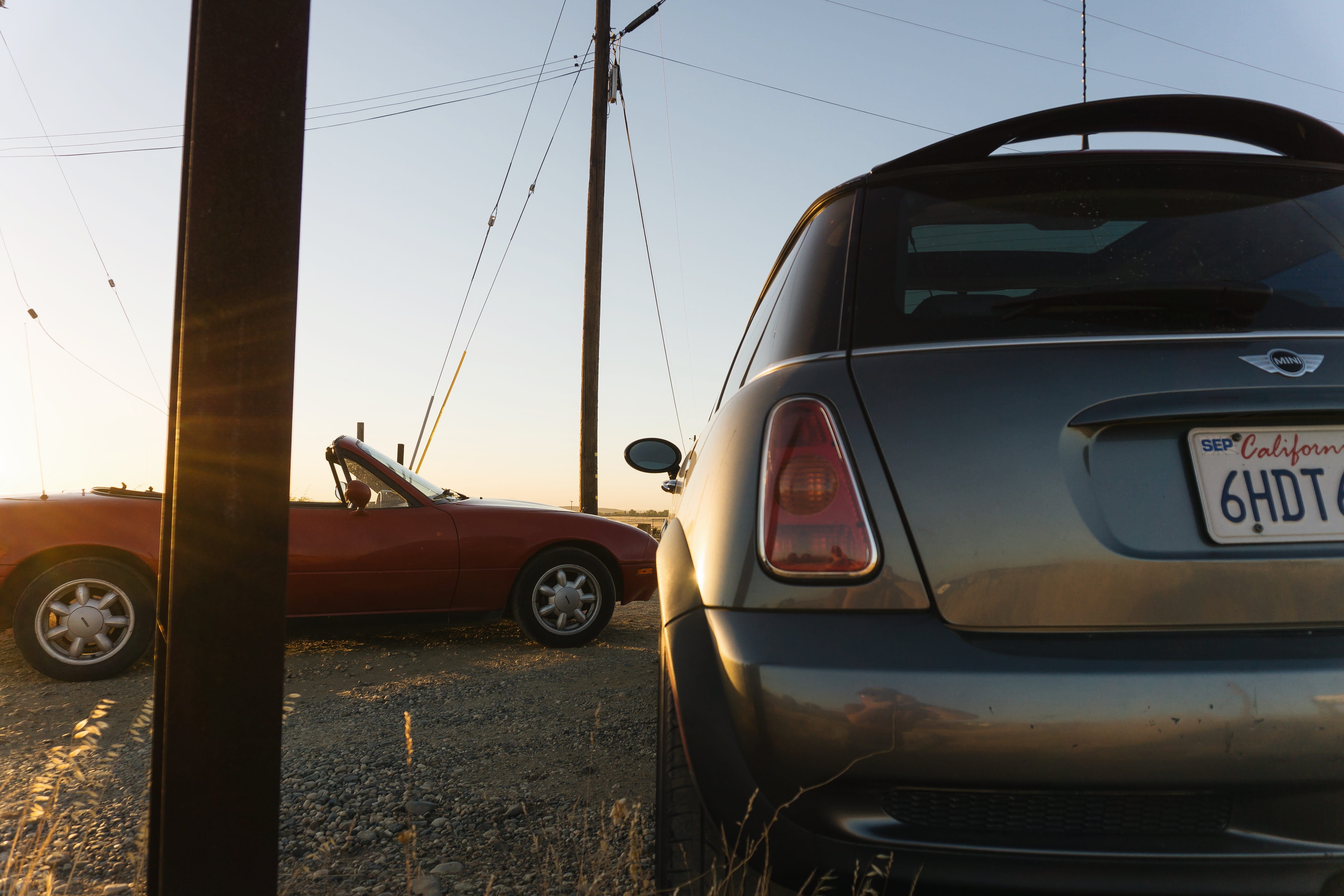 mini cooper s, power line, wheel, miata, mazda, fence, vsco, reflection, sky, golden hour, outdoors, united states, stationary, bmw, mini cooper, day, city, HD Wallpaper