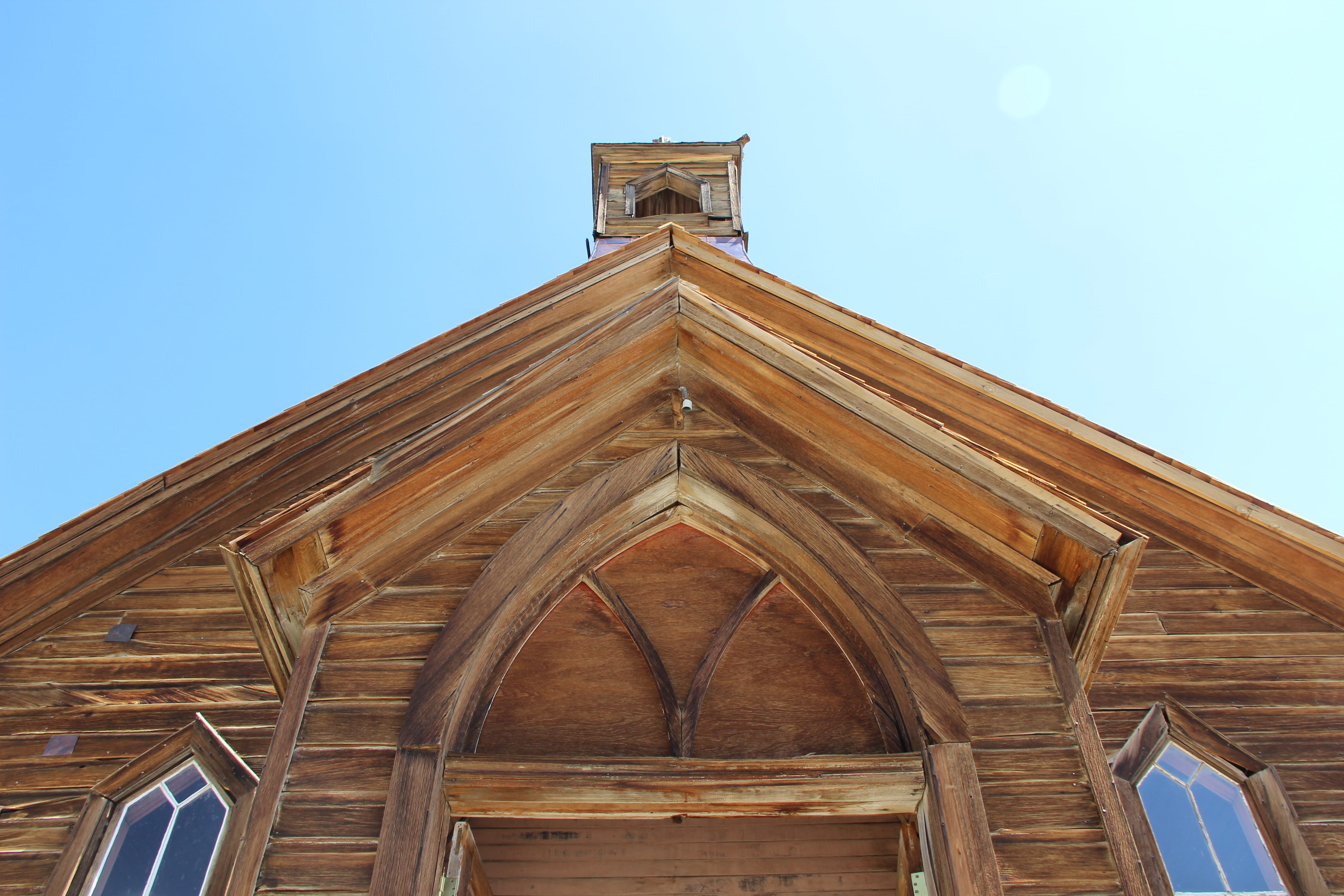 architecture, town, sky, clear sky, wood, no people, building, far west, bodie village, shape, roof, frozen time, old church, brown, nature, blue, church, HD Wallpaper