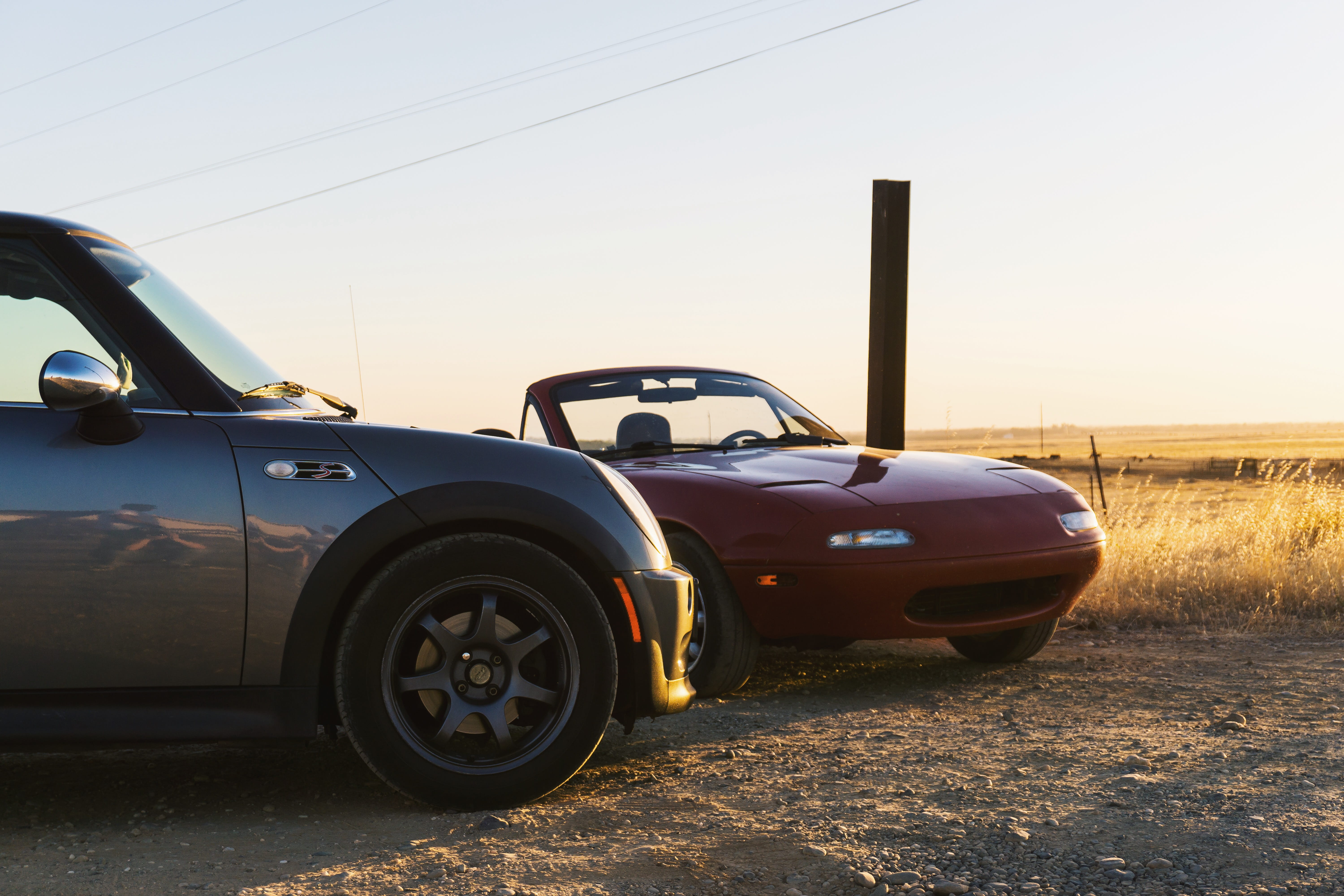 parking, stationary, power line, mini cooper, sunset, day, outdoors, dirt, camp far west road, dirt road, 5K, miata, mode of transportation, nature, field, HD Wallpaper