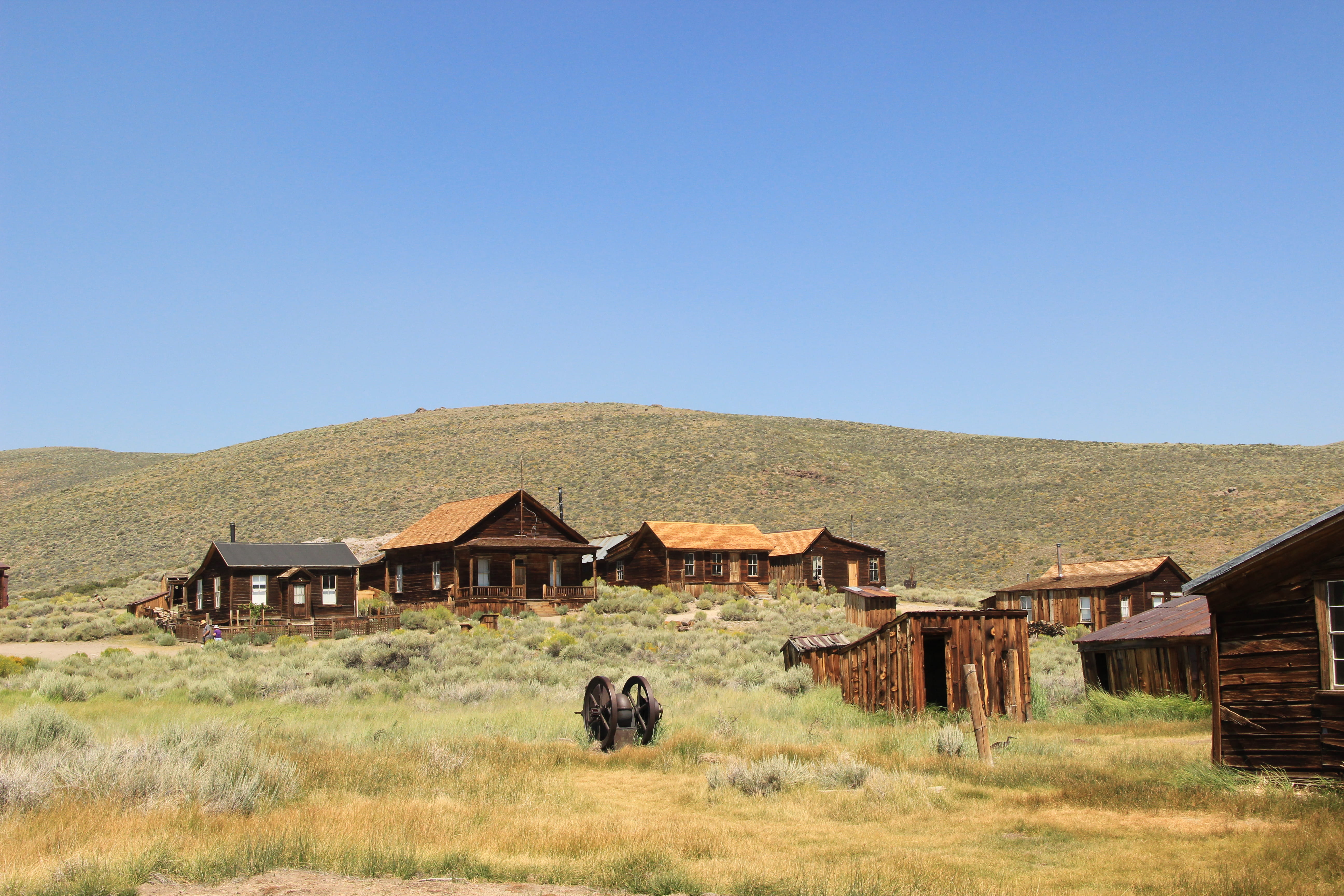 mountain, sky, grass, clear sky, bodie village, wooden, gold rush, landscape, rural scene, no people, building, ghost, blue, hut, building exterior, day, HD Wallpaper
