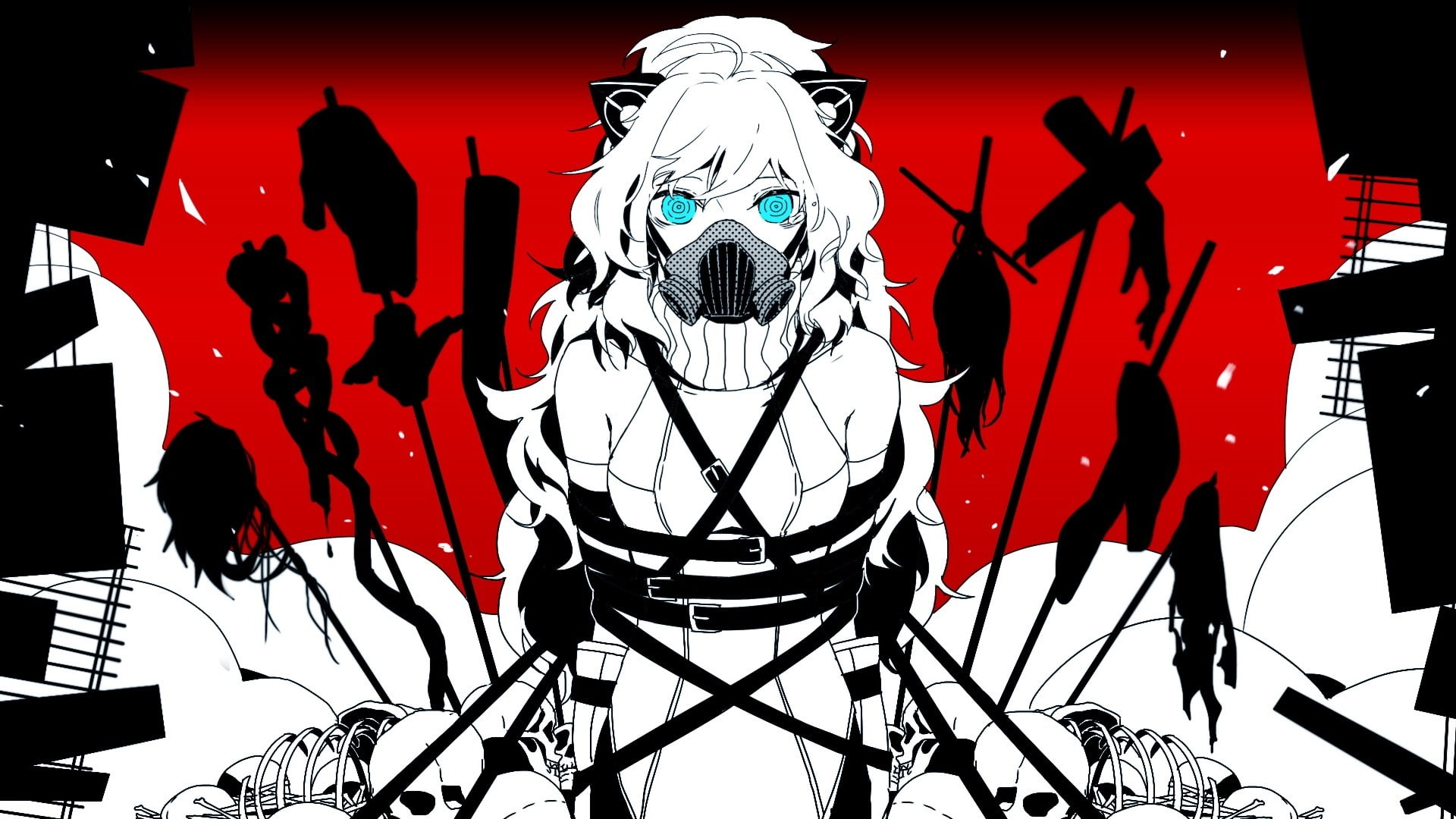 long, art, ears, hd, eyes, animal, cats, gas, selective, animals, skeletons, masks, hair, 1080P, colo, blue, nekomimi, cat, vocaloid, Skulls, HD Wallpaper