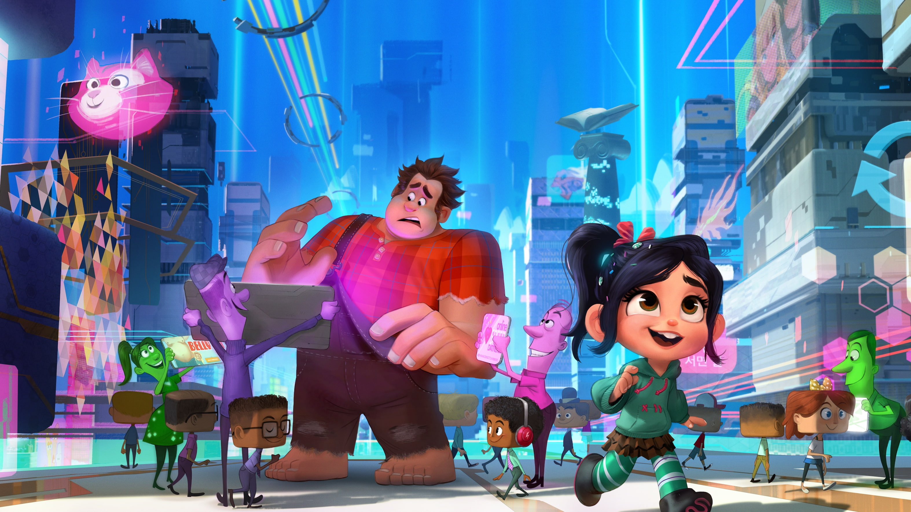 ralph breaks the internet: wreck-it ralph 2, happiness, people, gesturing, young women, indoors, built structure, 2K, illuminated, casual clothing, front view, HD Wallpaper