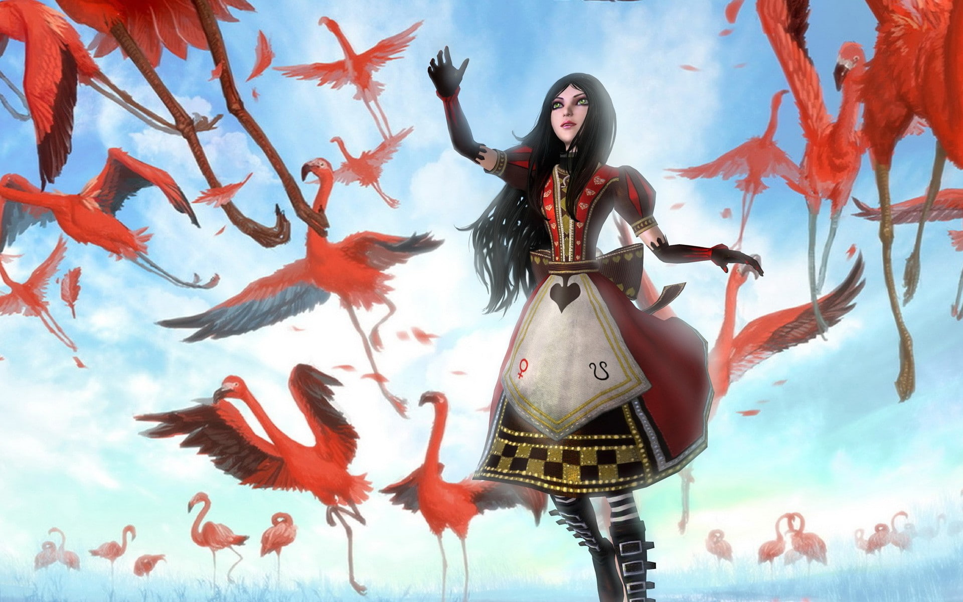 red, alice, birds, anime, punk, heaven, games, flying, clouds, women, hearts, wonderland, gothic, dress, dreaming, video, brunettes, flamingos, skyscapes, HD Wallpaper